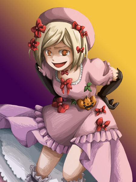 lambdadelta, umineko no naku koro ni, 00s, 1girl, beret, blonde hair, dress, female focus, gem, gloves, hat, jack-o'-lantern, orange eyes, pearl (gemstone), pink dress, pink hat, pumpkin, ribbon, short hair, smile, solo