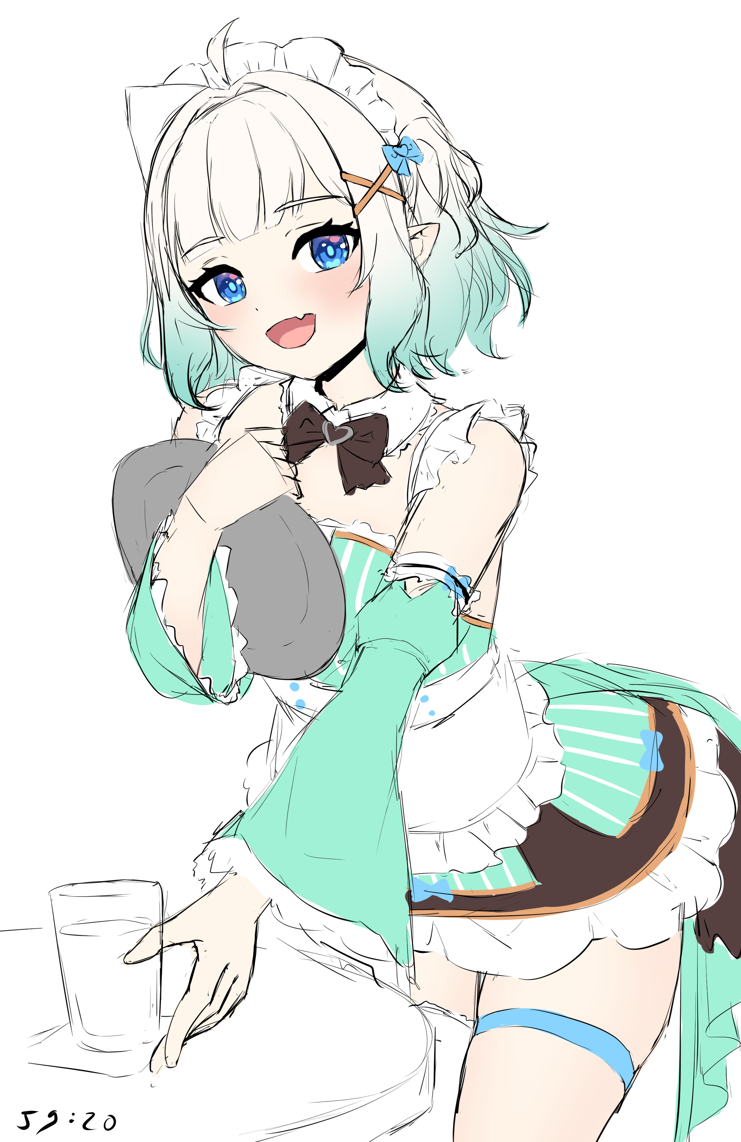 daydarion, mint fantome, mint fantome (minto 2.0), indie virtual youtuber, absurdres, commentary, english commentary, highres, 1girl, :d, ahoge, apron, black bow, black bowtie, blue eyes, bow, bowtie, cow, cup, detached collar, detached sleeves, dress, drinking glass, fang, frilled apron, frilled sleeves, frills, green dress, green hair, green sleeves, hair ornament, holding, holding tray, leaning forward, long sleeves, looking at viewer, maid, maid headdress, open mouth, short dress, single thighhigh, sketch, skin fang, smile, solo, standing, thigh strap, thighhighs, tray, triangular headpiece, virtual youtuber, waist apron, waitress, white apron, white background, white hair, white thighhighs, wide sleeves, x hair ornament