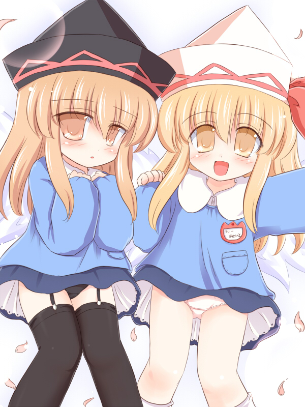 ry (yagoyago), lily black, lily white, touhou, 2girls, dual persona, female focus, hat, multiple girls, panties, petals, thighhighs, underwear