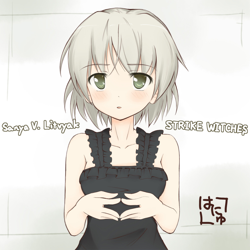 sanya v. litvyak, hanyu, strike witches, world witches series, silver hair, 00s, 1girl, blush, dress, english text, female focus, gradient background, green eyes, short hair, signature, solo, steepled fingers