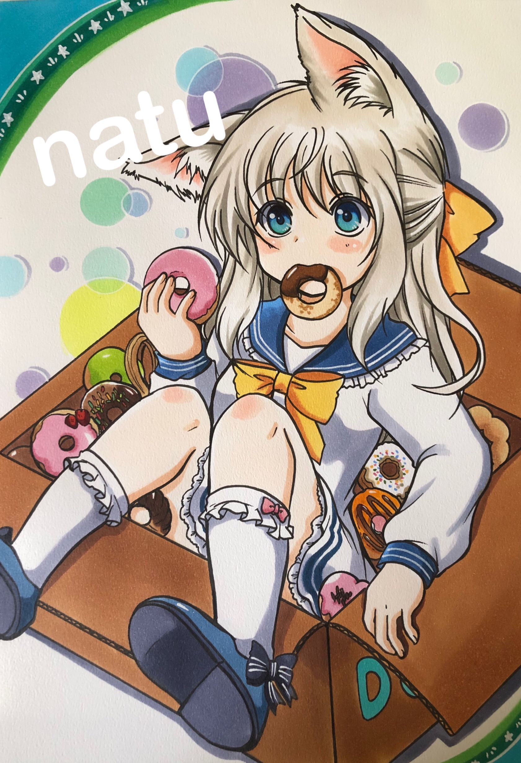 natumoro, original, absurdres, highres, traditional media, 1girl, animal ears, blue eyes, box, cat ears, cat girl, donut, food, in container, ribbon, sailor collar, shoes, skirt, white hair