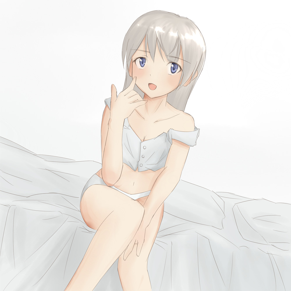 eila ilmatar juutilainen, hanyu, strike witches, world witches series, silver hair, 00s, 1girl, bed, blue eyes, female focus, lingerie, panties, solo, underwear