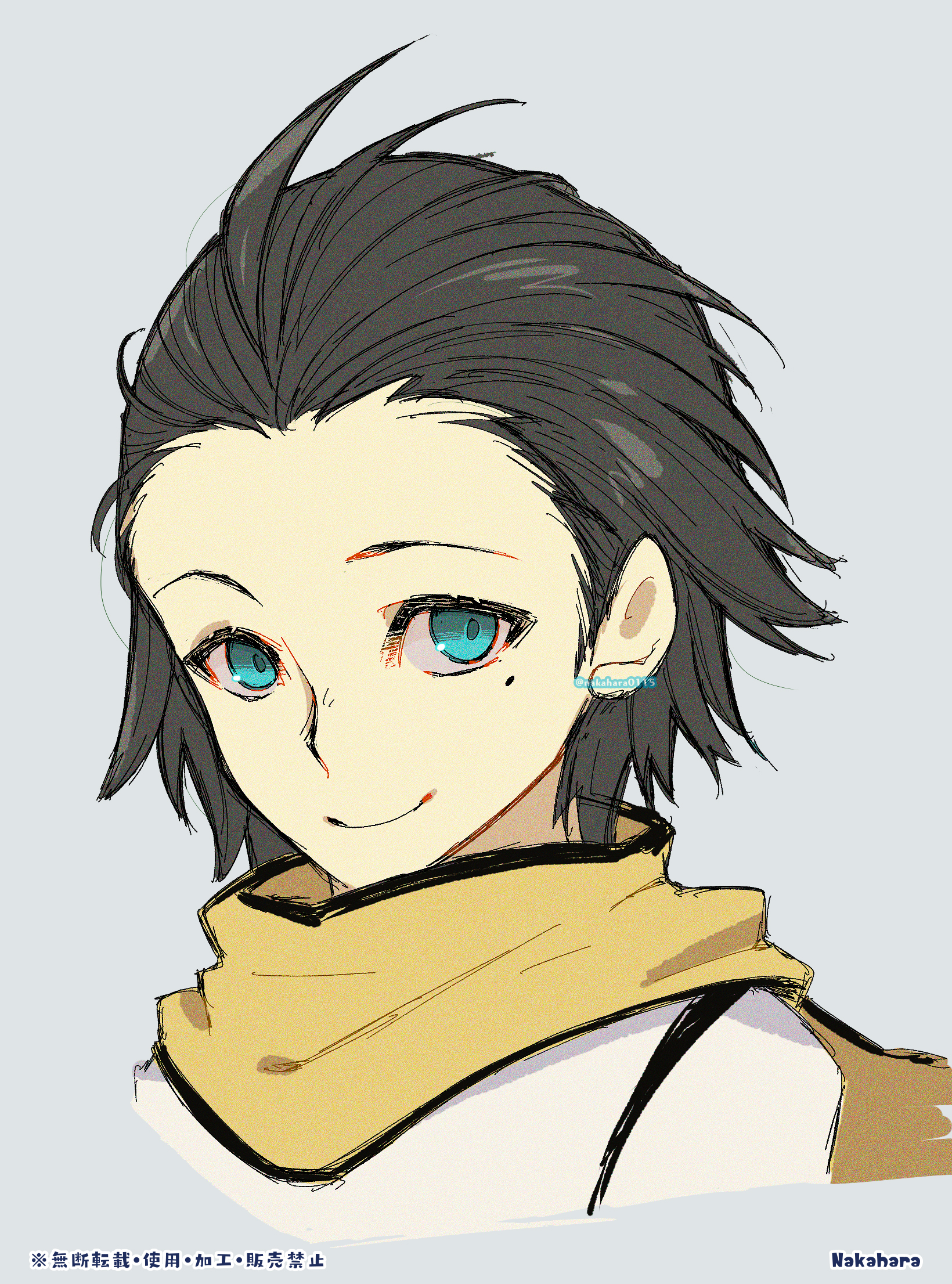 mochizuki ryouji, persona, persona 3, commentary, commentary request, english commentary, highres, mixed-language commentary, 1boy, ahoge, aqua eyes, artist name, closed mouth, cropped shoulders, hair slicked back, looking at viewer, male focus, medium hair, mole, mole under eye, nakahara 0115, scarf, shirt, simple background, smile, solo, white background, white shirt, yellow scarf