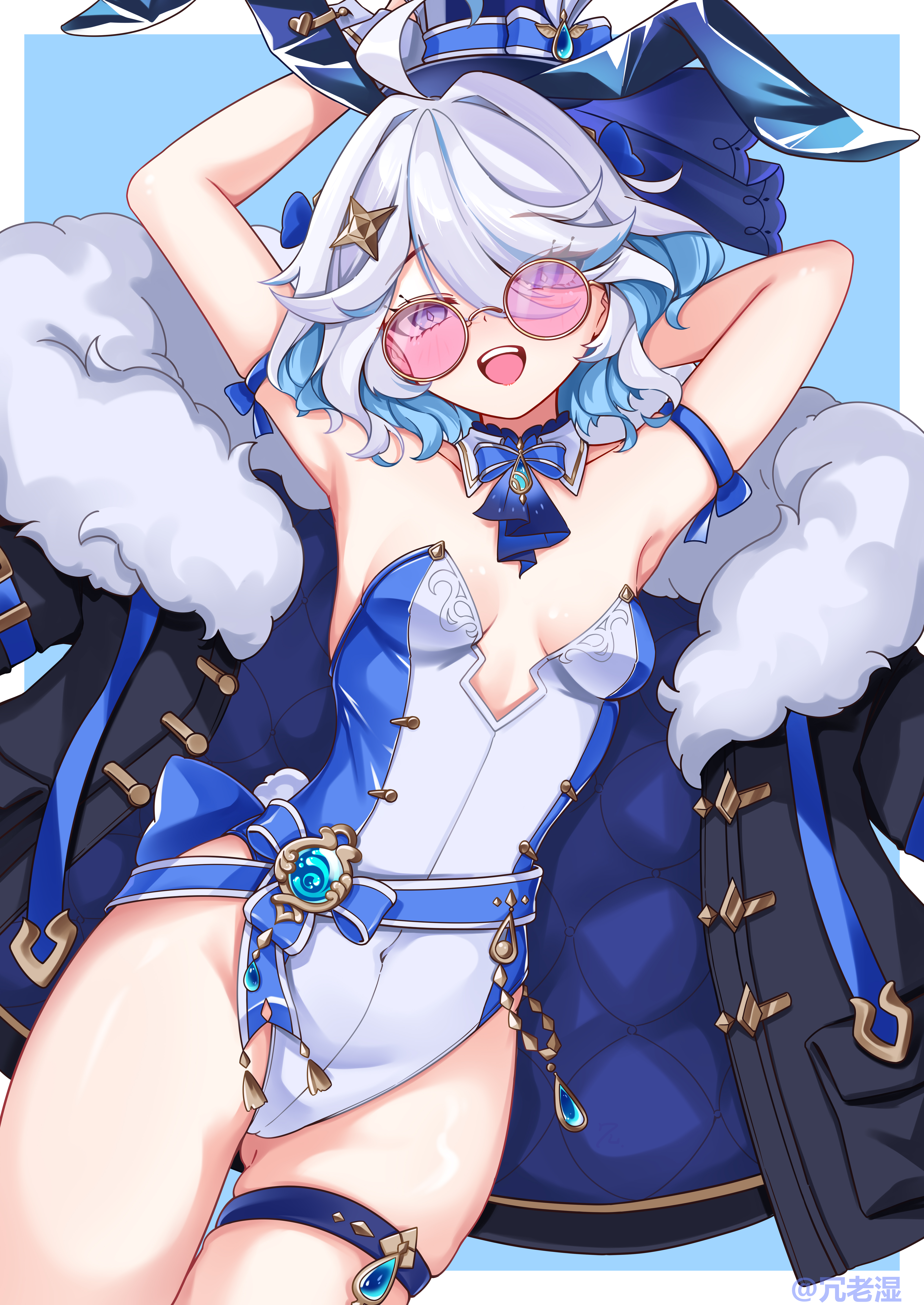 wizard2482, furina (genshin impact), genshin impact, absurdres, commentary, highres, 1girl, alternate costume, animal ears, arm behind head, arm up, ascot, black jacket, blue ascot, blue eyes, blue gemstone, blue jacket, blue streaks, breasts, breasts apart, fake animal ears, fur-trimmed jacket, fur trim, gem, gluteal fold, hair between eyes, heterochromia, highleg, highleg leotard, hydro symbol (genshin impact), jacket, leotard, looking at viewer, multicolored hair, multicolored jacket, open clothes, open jacket, open mouth, pink-tinted eyewear, playboy bunny, rabbit ears, small breasts, solo, strapless, strapless leotard, streaked hair, teardrop-shaped gem, teeth, tinted eyewear, two-tone jacket, upper teeth only, vision (genshin impact), white hair, white leotard, yellow-framed eyewear