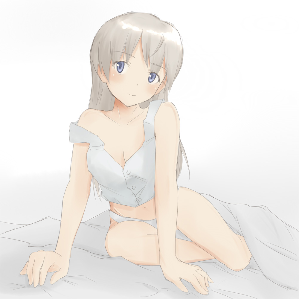 eila ilmatar juutilainen, hanyu, strike witches, world witches series, silver hair, 00s, 1girl, bed, blue eyes, female focus, lingerie, panties, solo, underwear