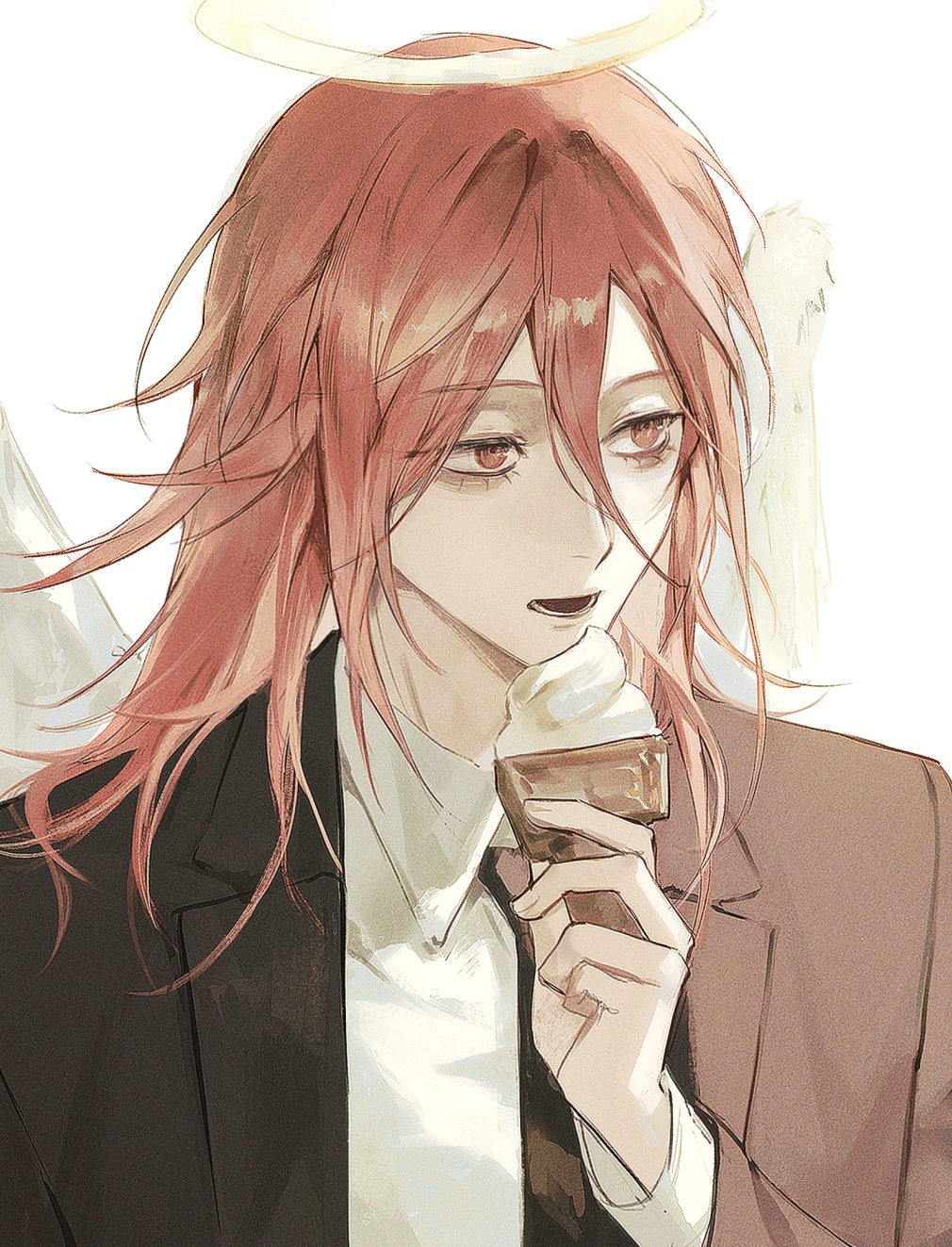 chhiii o o, angel devil (chainsaw man), chainsaw man, highres, angel, angel wings, black necktie, black suit, collared shirt, formal clothes, hair between eyes, halo, holding, holding ice cream cone, ice cream cone, jacket, long hair, long hair between eyes, male focus, necktie, open mouth, red eyes, red hair, shirt, simple background, solo, suit, suit jacket, traditional halo, upper body, white background, white shirt, white wings, wings