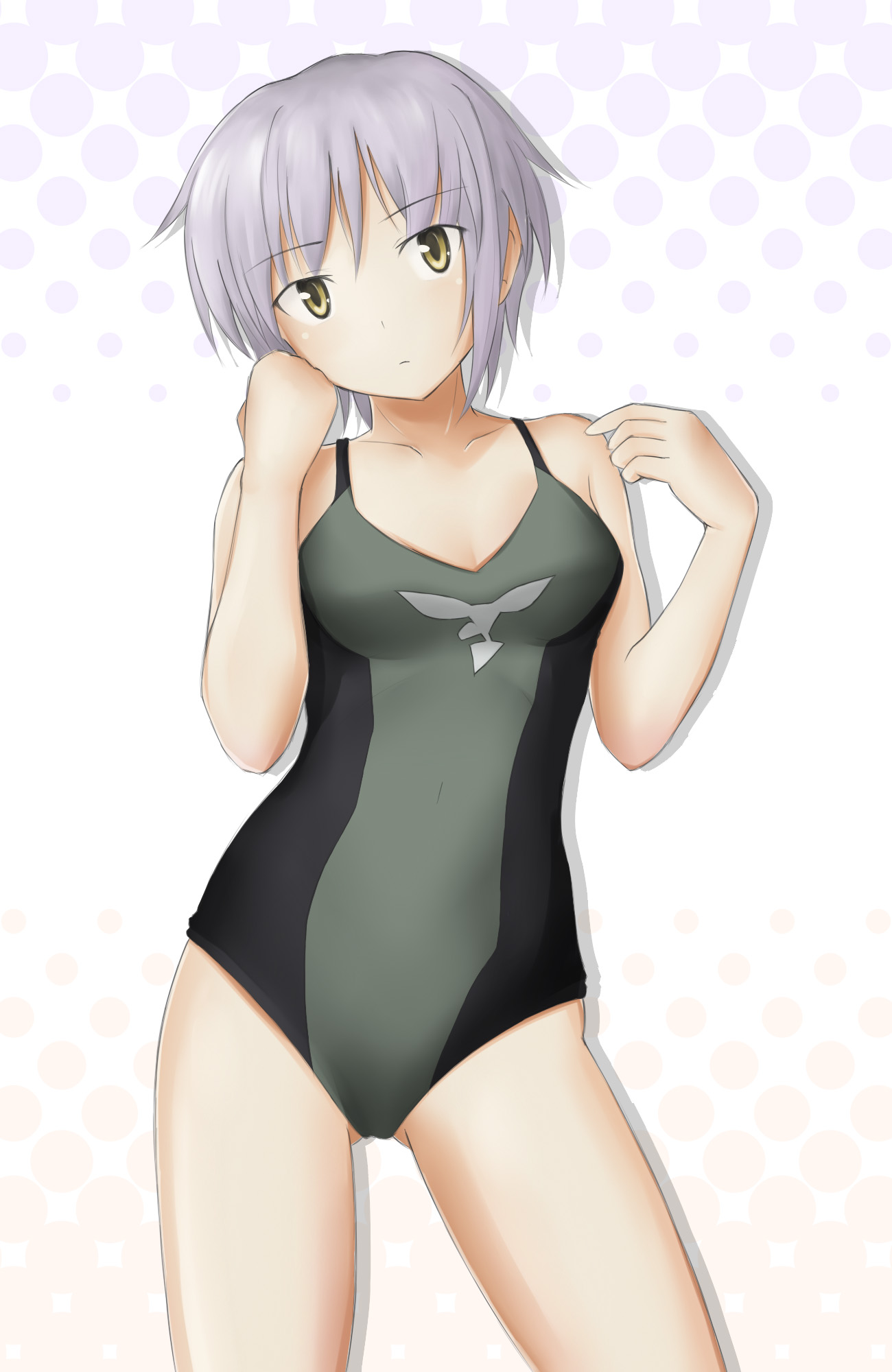 nagato yuki, hanyu, strike witches, suzumiya haruhi no yuuutsu, world witches series, light purple hair, highres, 1girl, breasts, female focus, one-piece swimsuit, parody, solo, swimsuit