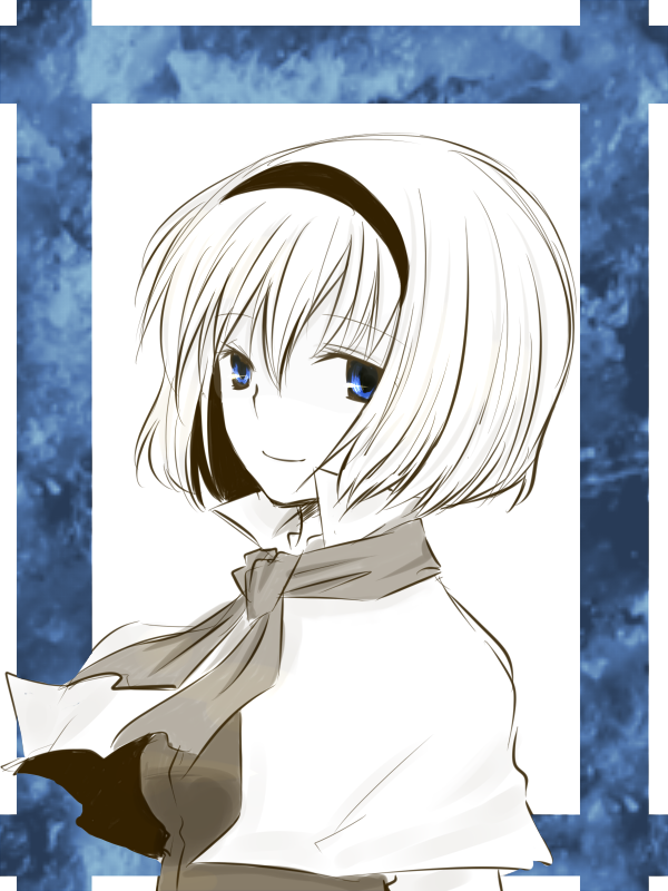 you at pome, alice margatroid, touhou, bad id, bad pixiv id, 1girl, blue eyes, blue theme, female focus, hairband, monochrome, solo, spot color