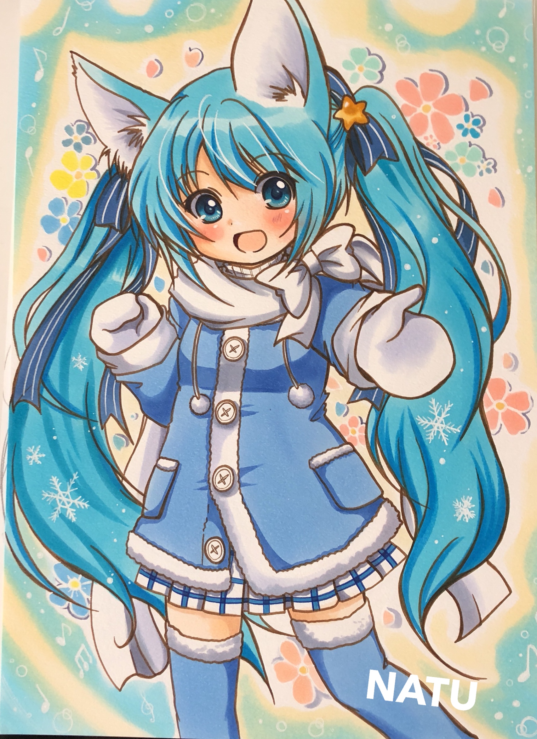 natumoro, hatsune miku, yuki miku, vocaloid, highres, 1girl, animal ears, blue eyes, blue hair, cat ears, cat girl, coat, long hair, ribbon, solo, twintails
