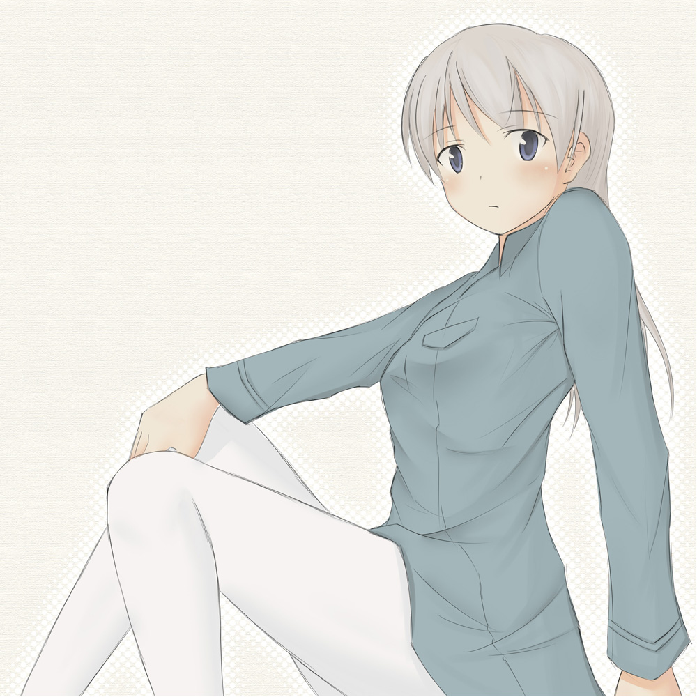 eila ilmatar juutilainen, hanyu, strike witches, world witches series, silver hair, uniform, 00s, 1girl, blue eyes, blush, female focus, long hair, pantyhose, solo, white pantyhose