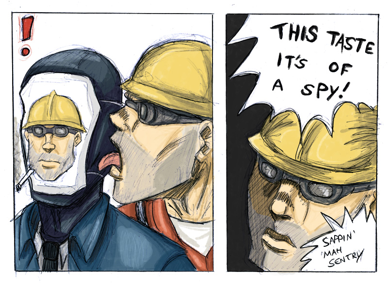 chuffyzor, blu spy (tf2), engineer (tf2), red engineer (tf2), spy (tf2), jojo no kimyou na bouken, team fortress 2, vento aureo, bad deviantart id, bad id, derivative work, !, 2boys, araki hirohiko (style), cigarette, comic, comic panel redraw, crossover, english text, formal clothes, helmet, licking, licking another's cheek, licking another's face, male focus, meme, multiple boys, parody, smoke, smoking, style parody, suit, taste of a liar (meme), the taste of a liar
