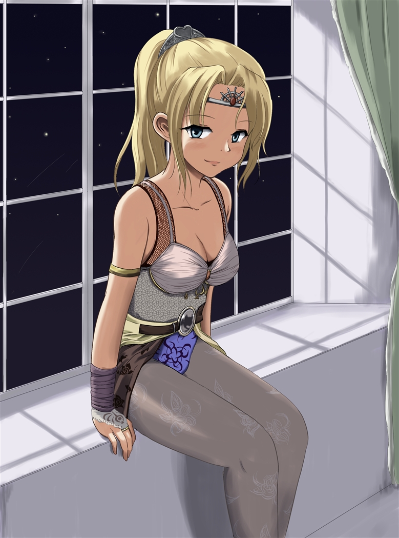 regdic, rosa farrell, final fantasy, final fantasy iv, 1990s (style), 1girl, armlet, bare shoulders, belt, blonde hair, blue eyes, breasts, bridal gauntlets, cleavage, crown, female focus, hair ornament, jewelry, leotard, long hair, looking at viewer, night, pantyhose, patterned legwear, ponytail, print pantyhose, retro artstyle, sitting, smile, solo, tiara, window, windowsill