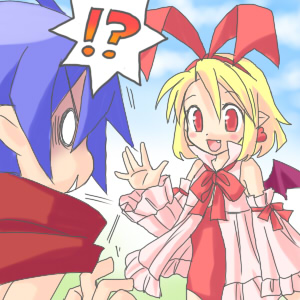 flonne, flonne (fallen angel), karina, laharl, disgaea, makai senki disgaea 2, makai senki disgaea 3, nippon ichi, lowres, !?, 1boy, 1girl, alternate hairstyle, blonde hair, blue hair, bow, demon boy, demon girl, earrings, fang, jewelry, leotard, red eyes, red leotard, scarf, short hair, wings
