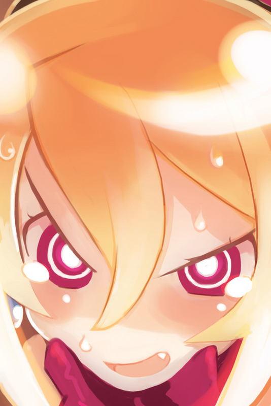 harada takehito, rozalin, disgaea, makai senki disgaea 2, nippon ichi, 1girl, angry, blonde hair, blush, bright pupils, close-up, demon girl, fang, female focus, hair between eyes, open mouth, pink eyes, solo, sweatdrop, tears