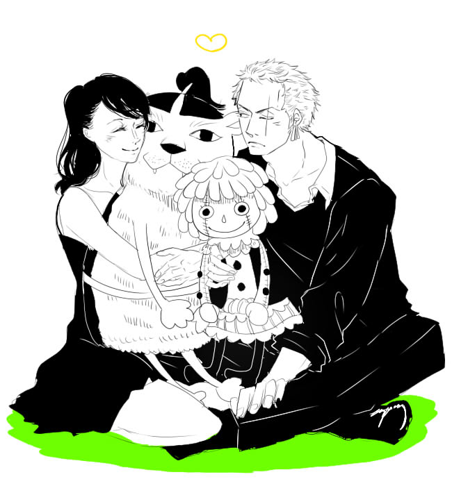hunter6126, nico robin, roronoa zoro, one piece, commentary, commentary request, english commentary, mixed-language commentary, 1boy, 1girl, blush, dress, earrings, heart, holding, holding stuffed toy, indian style, jewelry, looking at another, ponytail, scar, scar across eye, scar on face, short hair, sitting, smile, stuffed toy, swept bangs, v-shaped eyebrows