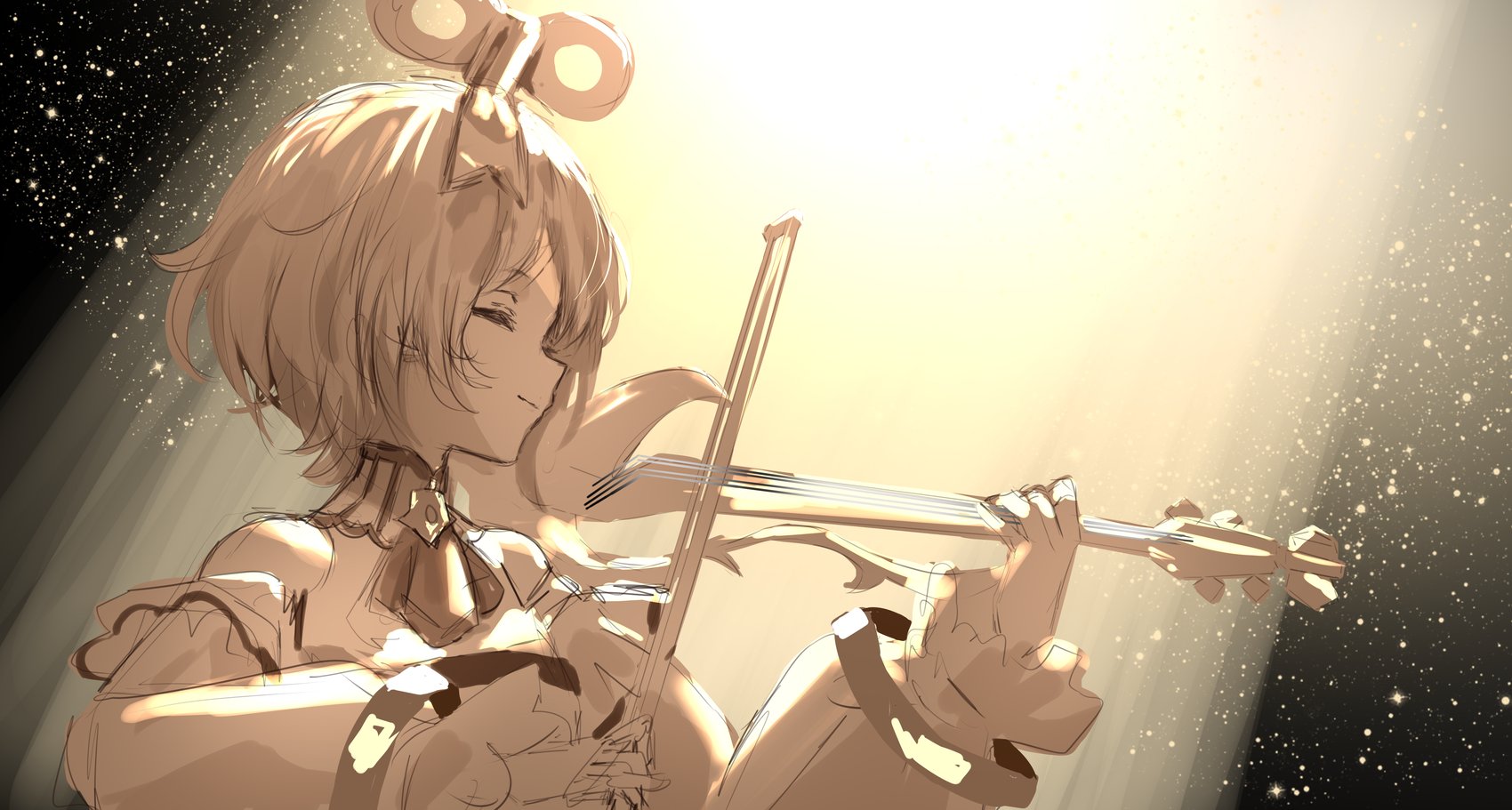 redi (rasec asdjh), cecilia immergreen, hololive, hololive english, hashtag-only commentary, highres, 1girl, bow (music), closed eyes, closed mouth, dress, holding, holding instrument, holding violin, instrument, long sleeves, music, playing instrument, smile, solo, spotlight, upper body, violin, virtual youtuber, white dress, white hair, winding key