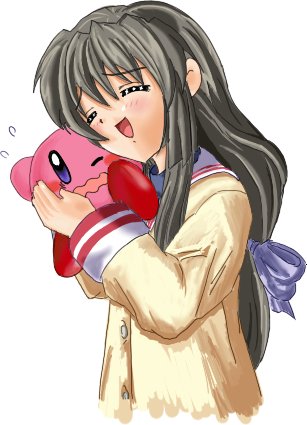 suriku, ibuki fuuko, kirby, clannad, kirby (series), nintendo, lowres, 00s, black hair, closed eyes, crossover, hug, long hair, school uniform, solo