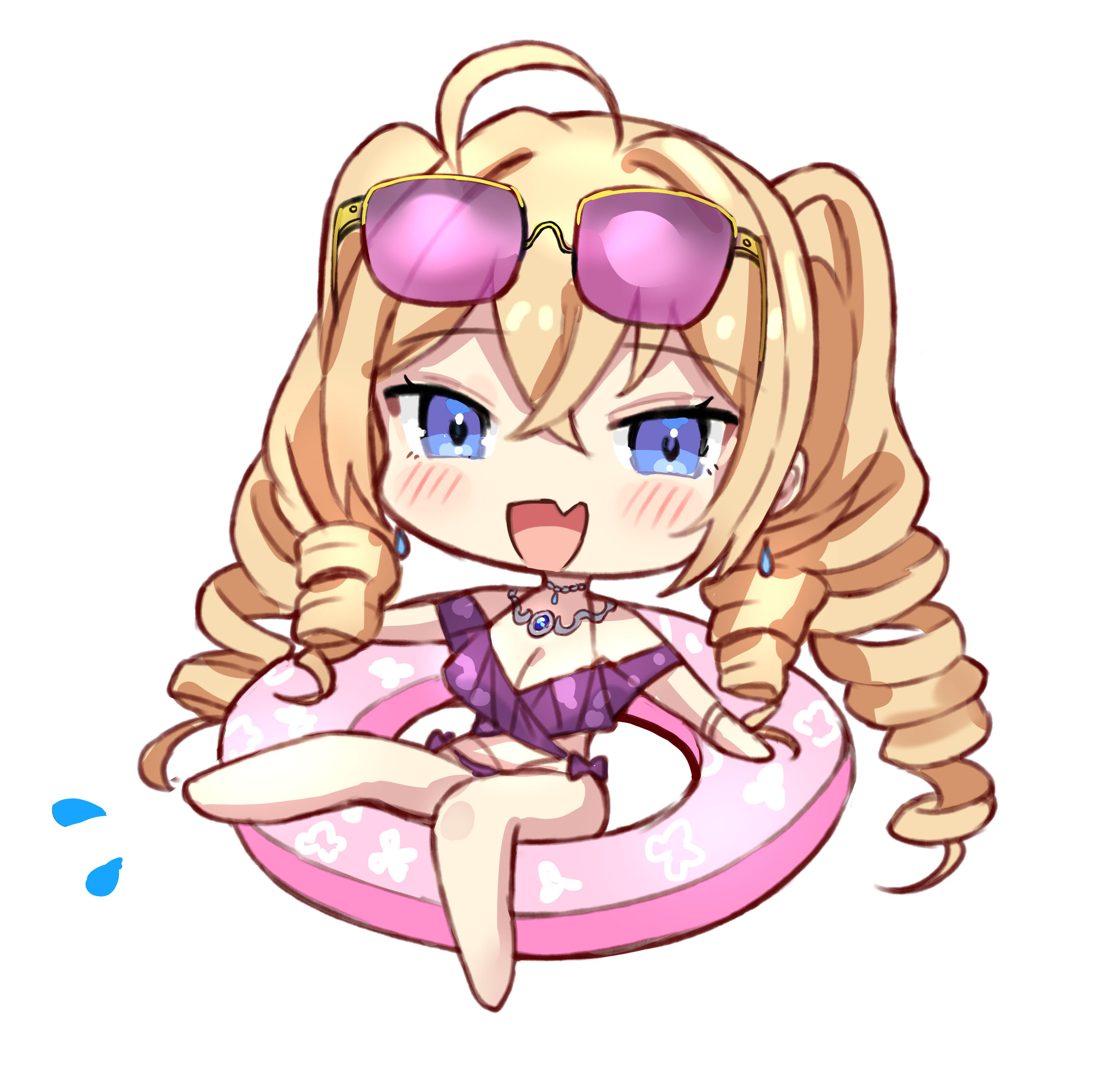 artist request, clothing request, commentary request, highres, 1girl, ahoge, bare shoulders, blonde hair, blue eyes, breasts, chibi, cleavage, danshi kinsei game sekai de ore ga yarubeki yuiitsu no koto yuri no ma ni hasamaru otoko to shite tensei shite shimaimashita, earrings, eyewear on head, fang, full body, gem, innertube, jewelry, large breasts, long hair, necklace, open mouth, ophelia von margeline, pink-tinted eyewear, ringlets, simple background, skin fang, smile, splashing, sunglasses, swim ring, swimsuit, tinted eyewear, very long hair, white background