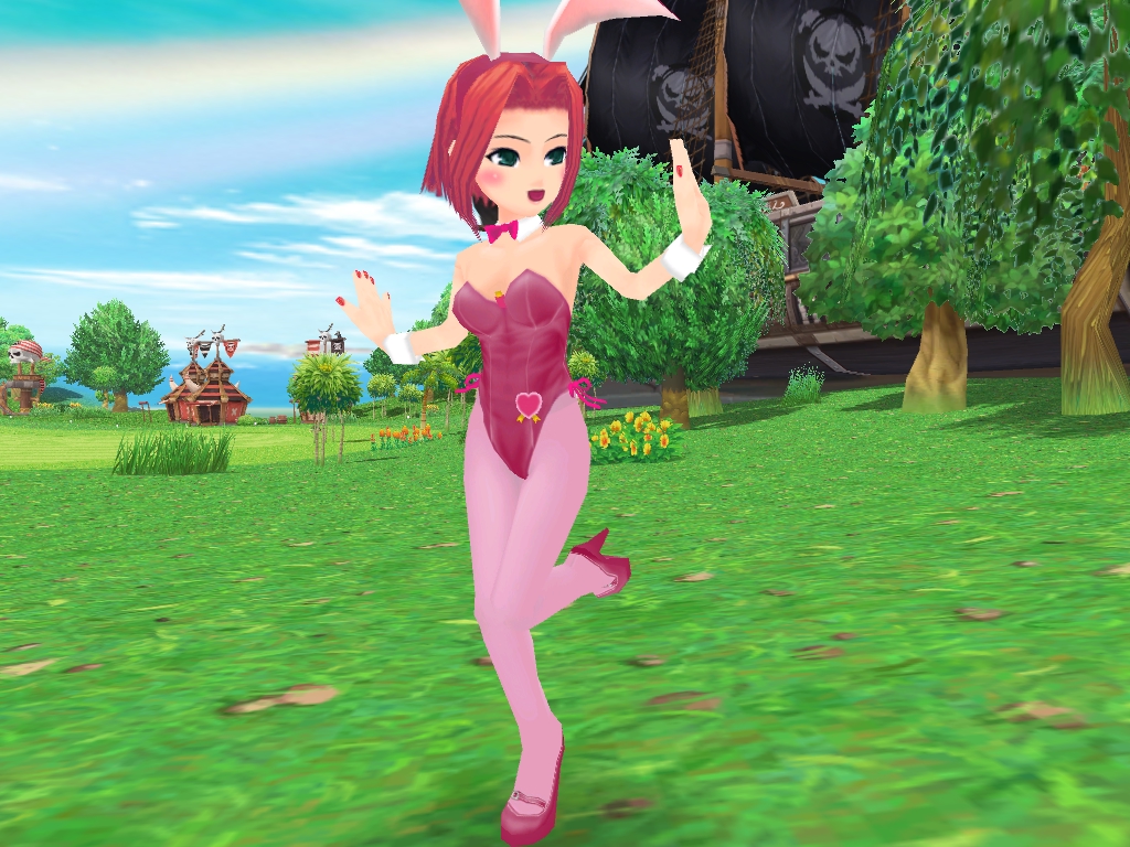 arin (pangya), kouzuki kallen, code geass, pangya, third-party edit, 1girl, 3d, animal ears, breasts, cosplay, crossover, fake animal ears, female focus, full body, green eyes, happy, high heels, kouzuki kallen (cosplay), nature, outdoors, pantyhose, pink pantyhose, playboy bunny, rabbit ears, red hair, shoes, short hair, sky, solo