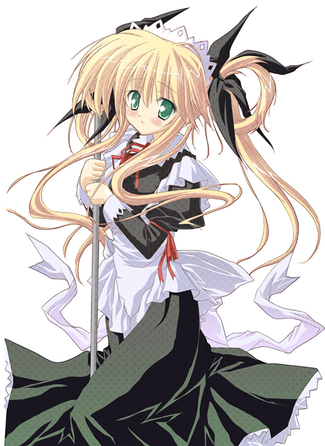 amakusa tobari, original, 1girl, apron, blonde hair, blush, bow, female focus, frills, green eyes, hair bow, hair rings, long hair, maid, maid apron, simple background, solo, twintails, white background