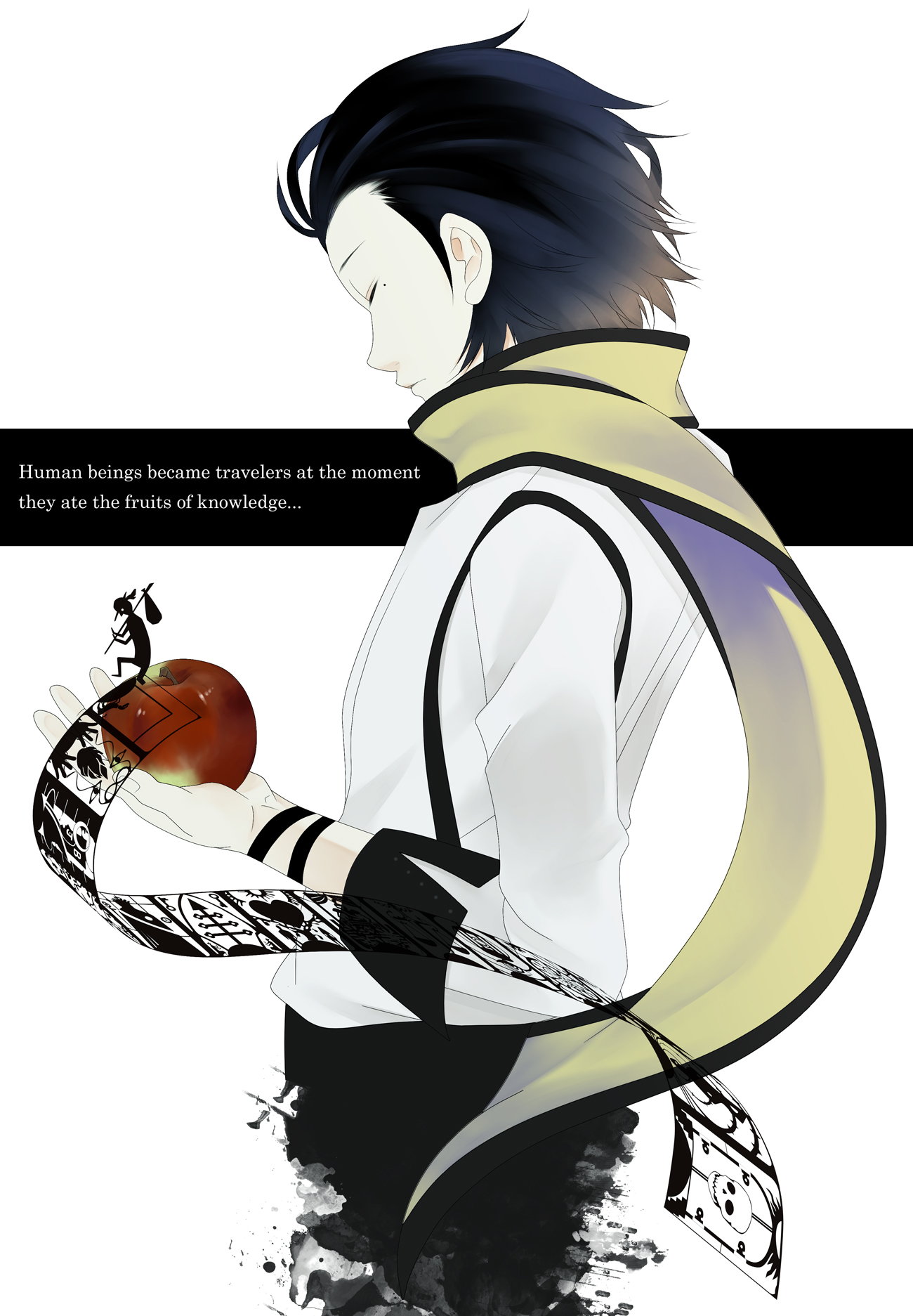 mochizuki ryouji, persona, persona 3, commentary, commentary request, english commentary, highres, mixed-language commentary, 1boy, apple, black hair, black pants, closed eyes, closed mouth, cowboy shot, death (tarot), english text, food, from side, fruit, hair slicked back, holding, holding food, holding fruit, male focus, medium hair, mole, mole under eye, nakahara 0115, pants, scarf, shirt, simple background, sleeve cuffs, solo, suspenders, tarot, the emperor (tarot), the fool (tarot), the hanged man (tarot), the hierophant (tarot), the high priestess (tarot), the lovers (tarot), the magician (tarot), watercolor effect, white background, white shirt, yellow scarf