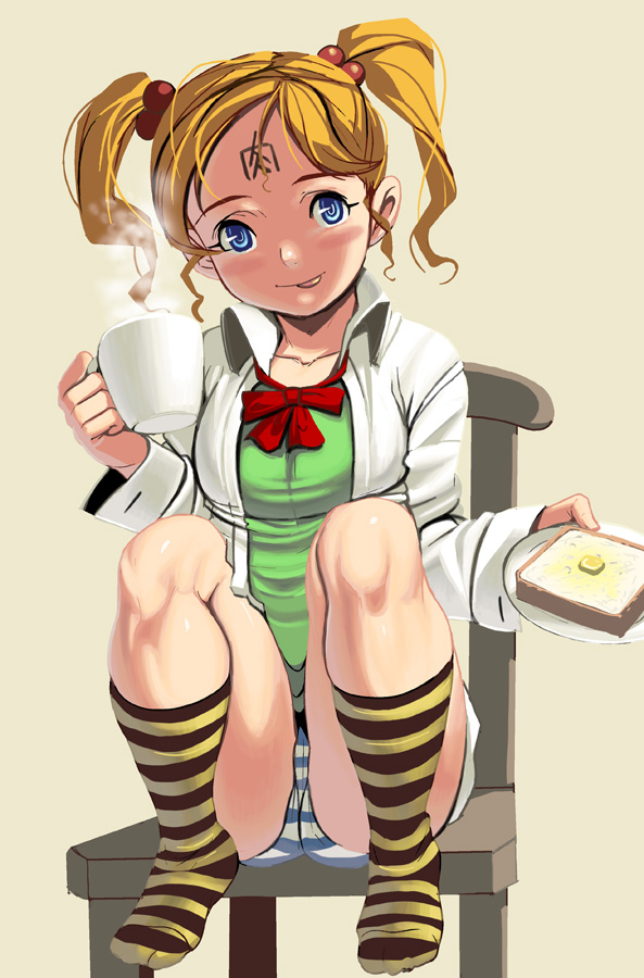 kouno (masao), original, bad id, bad pixiv id, 1girl, :p, blonde hair, blue eyes, bread, bread slice, butter, chair, coffee, dress shirt, facial mark, feet, female focus, food, forehead mark, legs, meat, panties, ribbon, shirt, sitting, socks, solo, striped clothes, striped panties, striped socks, toast, tongue, tongue out, twintails, underwear