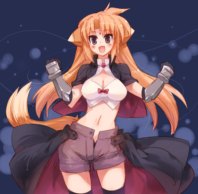 momiji mao, arf, lyrical nanoha, mahou shoujo lyrical nanoha, 00s, 1girl, :d, black thighhighs, blue eyes, bow, bowtie, breasts, cleavage, female focus, gauntlets, large breasts, long hair, looking at viewer, midriff, navel, open mouth, orange hair, red bow, red bowtie, smile, solo, standing, stomach, thighhighs, very long hair, zettai ryouiki