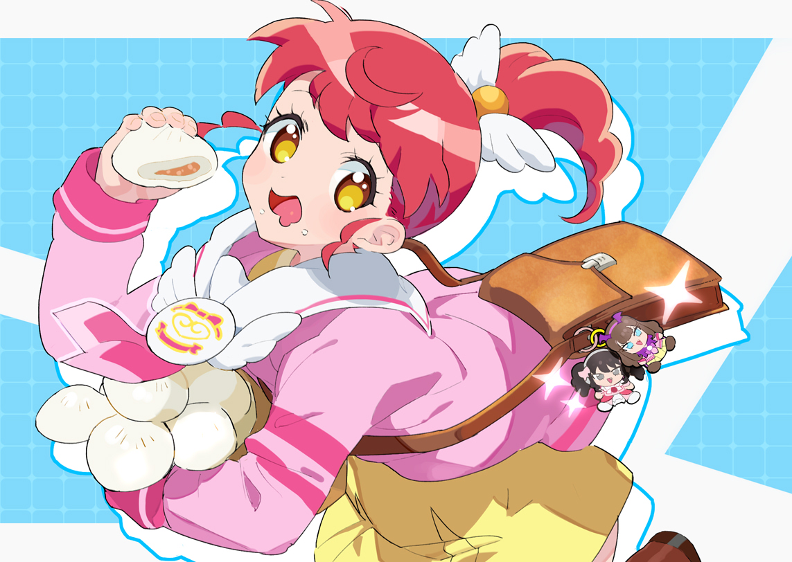 moudoku (decopon3rd), gaaruru (pripara), kurosu aroma, shiratama mikan, pretty series, pripara, commentary, symbol-only commentary, 1girl, :d, ahoge, bag, blue background, brown bag, brown shoes, cardigan, charm (object), curly sidelocks, dot nose, dress, drop shadow, food, food on face, grid background, hair ornament, hand up, high ponytail, holding, holding food, light blush, long hair, long sleeves, looking to the side, mochi, neckerchief, no pupils, open cardigan, open clothes, open mouth, pink cardigan, pink neckerchief, ponytail, red hair, running, sailor collar, shoes, short dress, shoulder bag, smile, solo, standing, standing on one leg, straight hair, white background, white sailor collar, wing hair ornament, yellow dress, yellow eyes