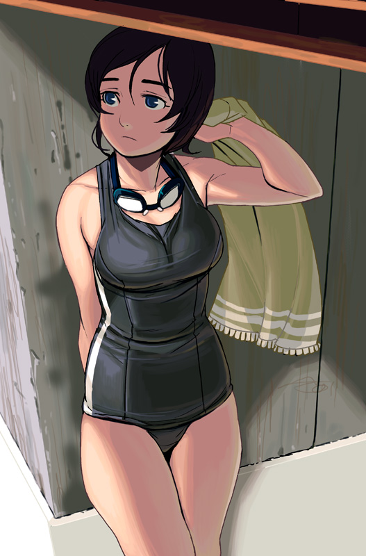 kouno (masao), original, bad id, bad pixiv id, black hair, black one-piece swimsuit, blue eyes, brown hair, cowboy shot, goggles, leaning, one-piece swimsuit, school swimsuit, short hair, solo, swimsuit, towel