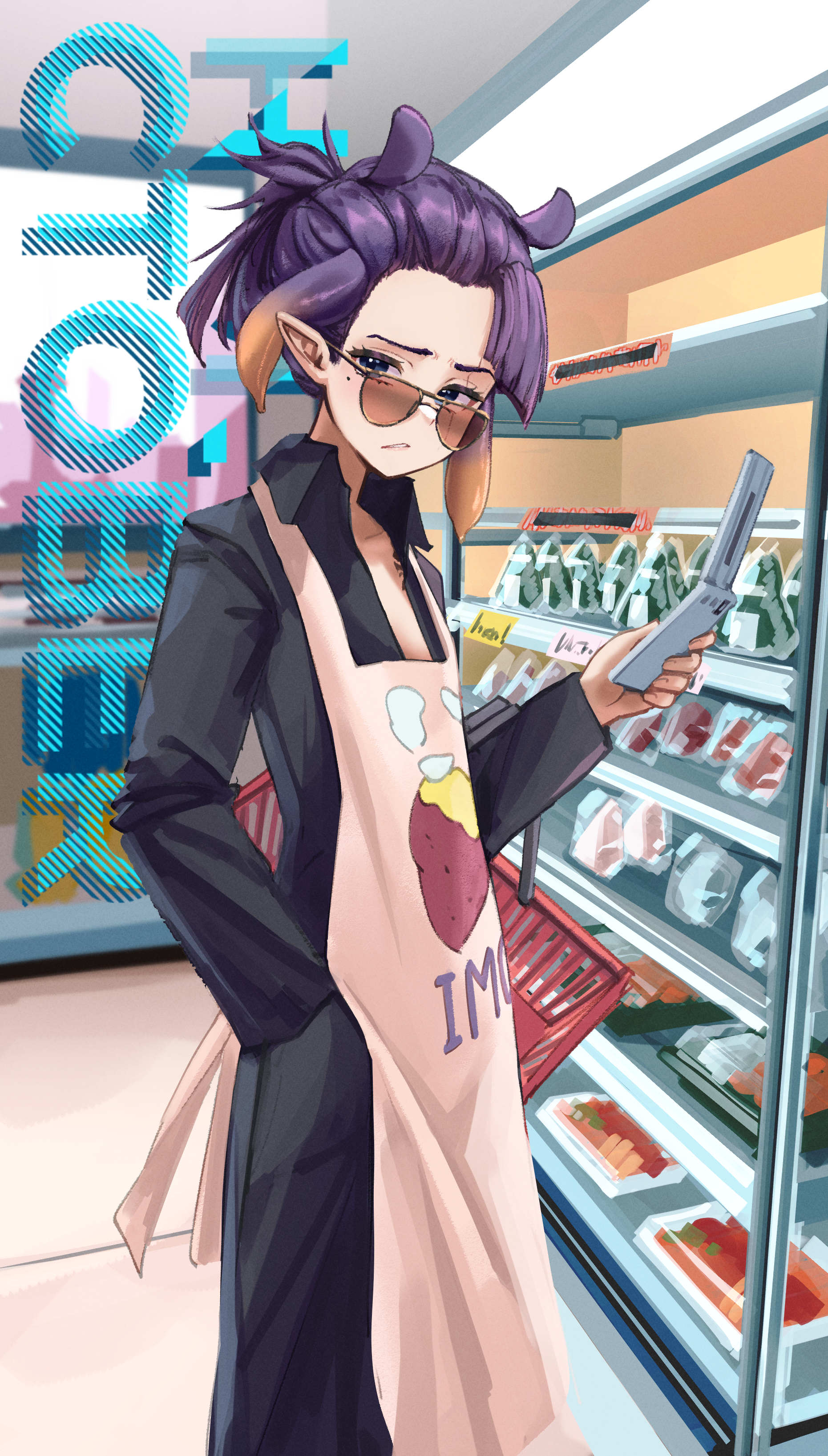 mokuka noe, ninomae ina'nis, tatsu (gokushufudou), gokushufudou, hololive, hololive english, absurdres, commentary, english commentary, highres, 1girl, alternate costume, alternate hairstyle, apron, black pants, cellphone, clothes writing, collared shirt, convenience store, cosplay, english text, flip phone, gradient hair, hand in pocket, holding, holding phone, indoors, looking at viewer, looking over eyewear, looking to the side, mole, mole under eye, multicolored hair, open clothes, open shirt, orange-tinted eyewear, orange hair, pants, phone, pink apron, pointy ears, ponytail, purple hair, shirt, shop, short ponytail, solo, sunglasses, tatsu (gokushufudou) (cosplay), tentacle hair, tinted eyewear, virtual youtuber