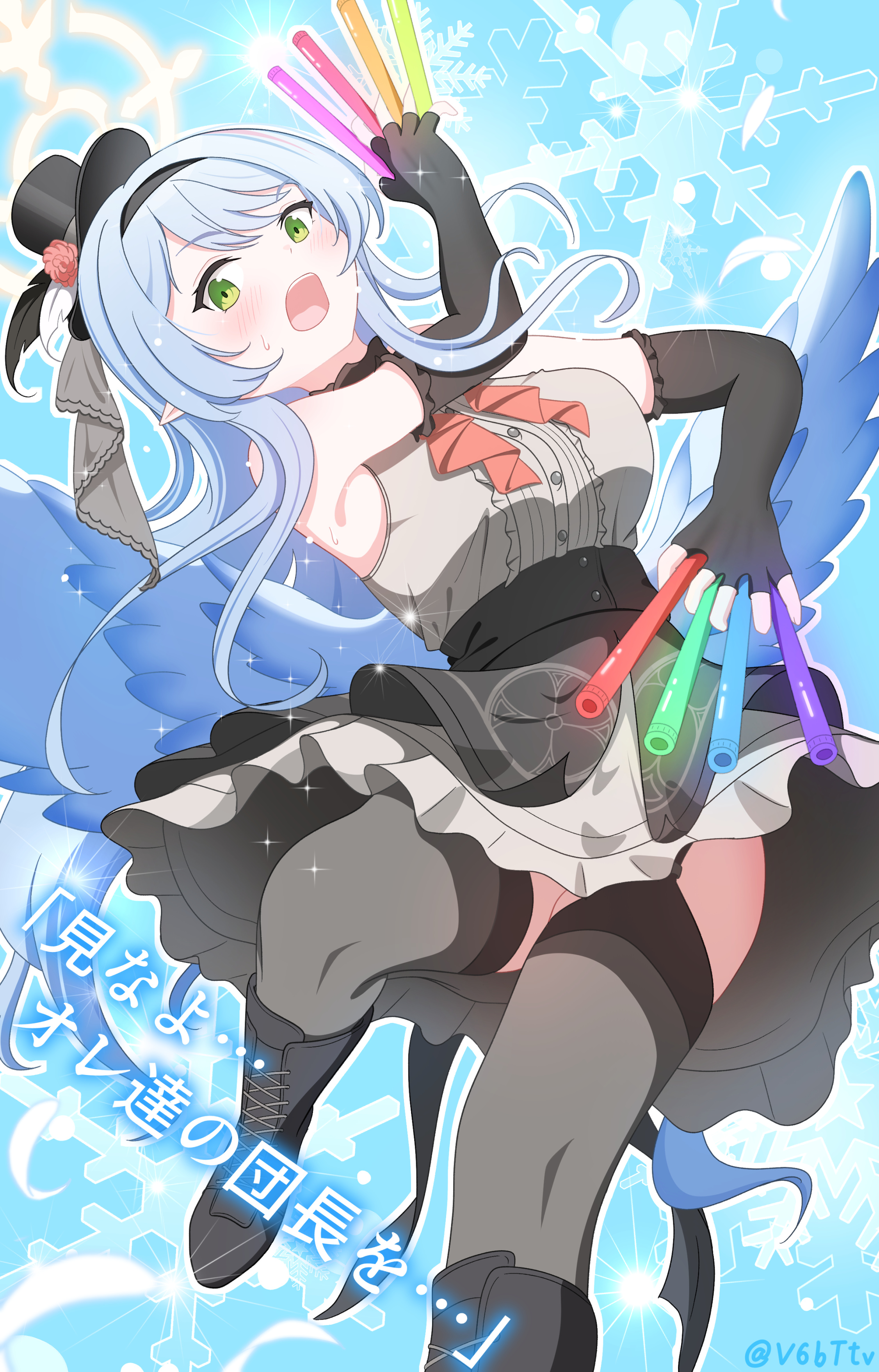 mine (blue archive), mine (idol) (blue archive), blue archive, absurdres, highres, 1girl, artist name, black boots, black dress, black gloves, black hat, black thighhighs, blue hair, blue wings, blush, boots, closed eyes, dress, elbow gloves, embarrassed, feathered wings, fingerless gloves, flower, frilled dress, frills, from below, garter straps, gloves, glowstick, green eyes, grey dress, halo, hat, hat flower, holding, holding glowstick, idol clothes, knee boots, lace-up boots, layered dress, long hair, looking at viewer, low wings, mini hat, mini top hat, official alternate costume, open mouth, pointy ears, red flower, red rose, rose, sleeveless, sleeveless dress, snowflakes, sparkle, sun, sweat, thighhighs, top hat, very long hair, walker-0083, wings, yellow halo