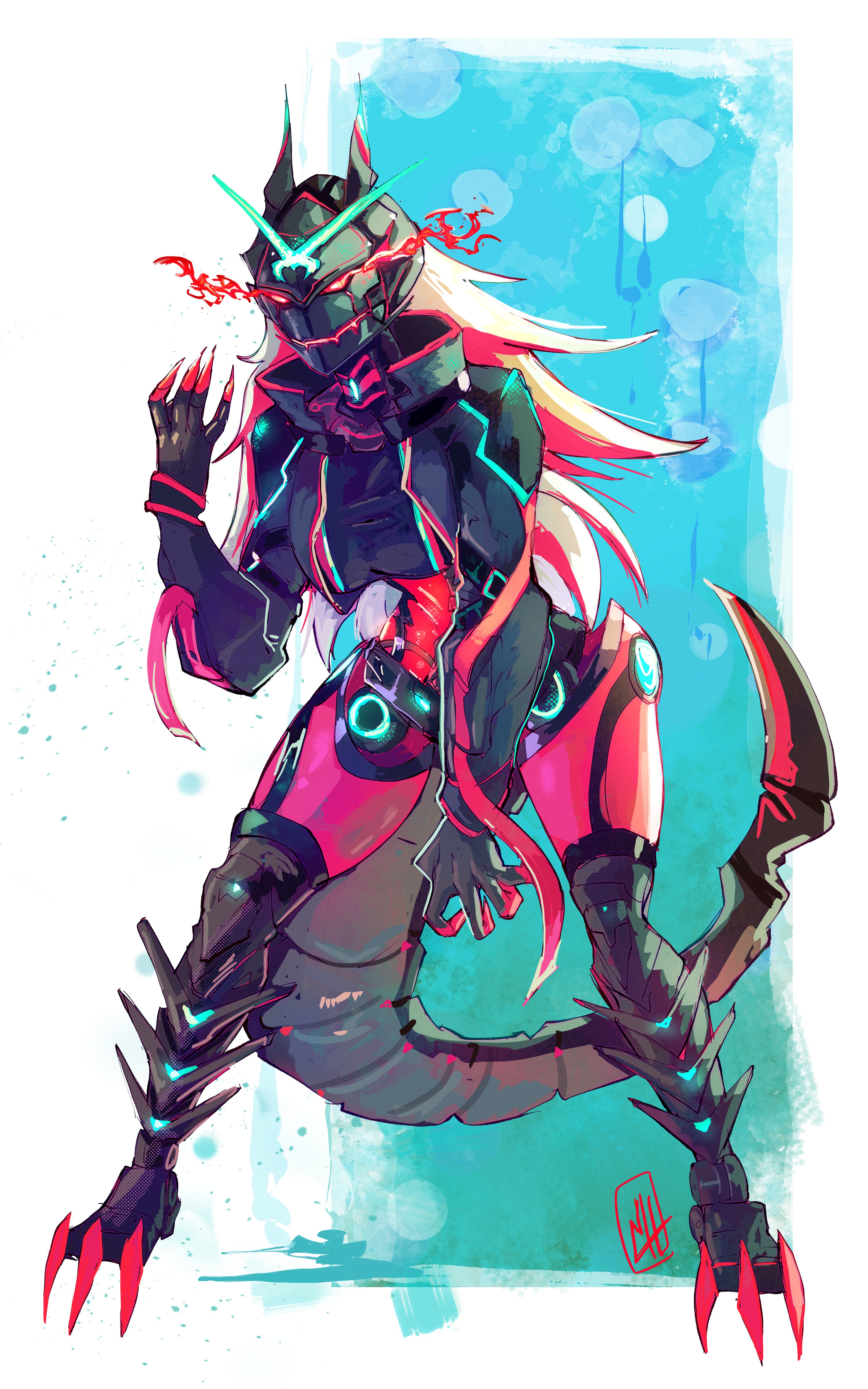 boutsoftheblind, zentreya, zentreya (cyber dragon), indie virtual youtuber, absurdres, commentary, english commentary, highres, 1girl, black gloves, black helmet, black jacket, bodysuit, cropped jacket, dragon girl, dragon tail, gloves, helmet, jacket, long hair, looking at viewer, red bodysuit, red hair, solo, tail, virtual youtuber, yellow jacket
