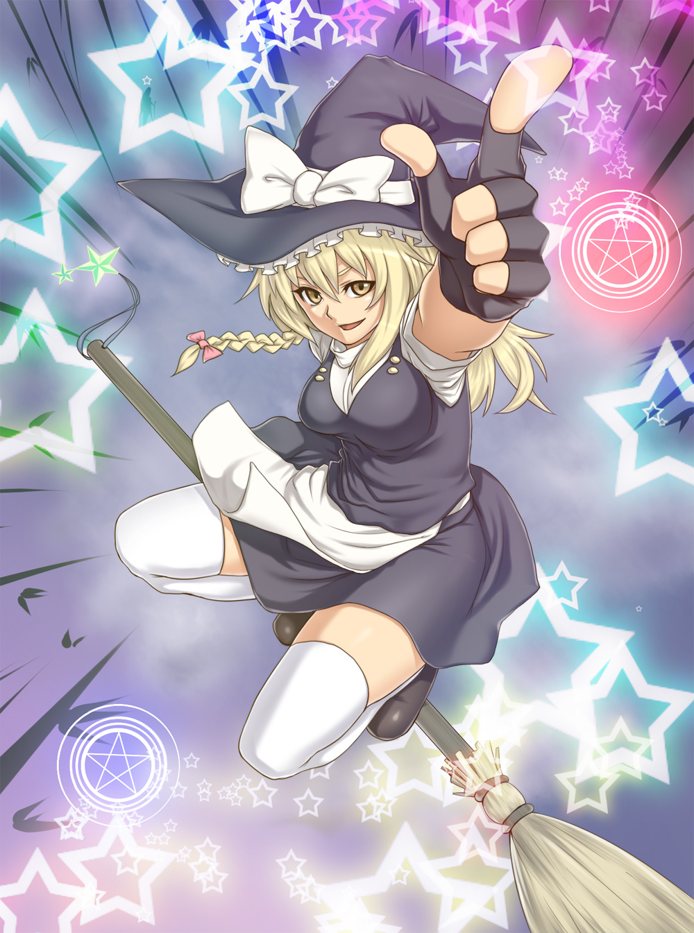 houtengeki, kirisame marisa, touhou, highres, 1girl, blonde hair, breasts, broom, broom riding, female focus, fingerless gloves, full body, gloves, gradient background, hat, long hair, skirt, solo, star (symbol), witch, witch hat, yellow eyes