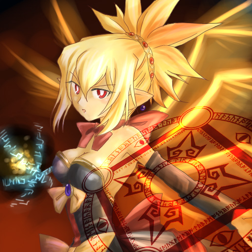 rozalin, disgaea, makai senki disgaea 2, nippon ichi, 1girl, blonde hair, bow, bright pupils, demon girl, dress, earrings, female focus, hair ornament, jewelry, pointy ears, solo, wings, yellow bow