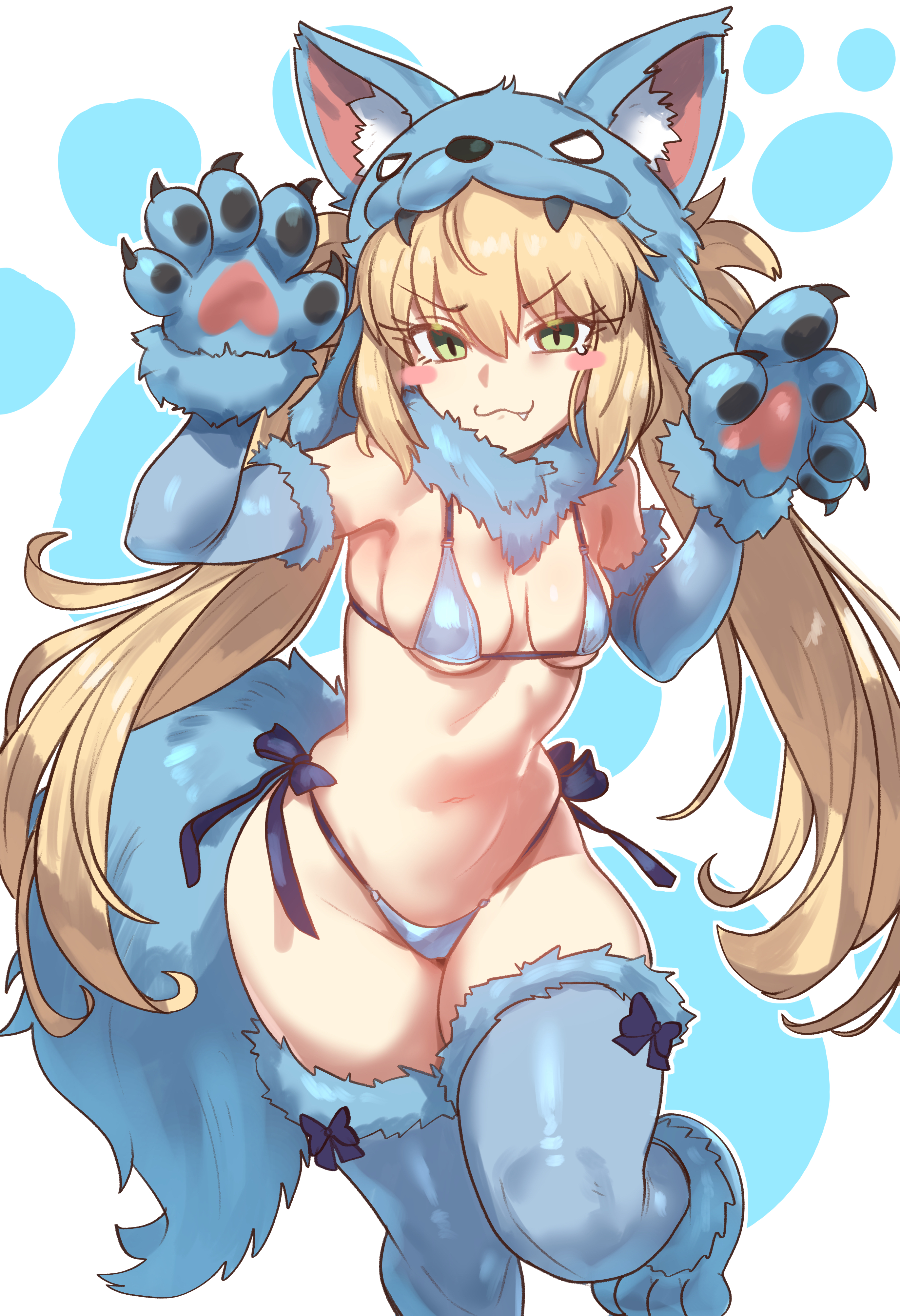 ebora, artoria caster (fate), artoria pendragon (fate), mash kyrielight, mash kyrielight (dangerous beast), fate/grand order, fate (series), absurdres, highres, 1girl, :3, alternate color, animal ears, animal hands, bikini, blonde hair, blue bikini, blue gloves, blue thighhighs, blush stickers, breasts, cosplay, elbow gloves, fake tail, fang, fur-trimmed gloves, fur-trimmed legwear, fur collar, fur trim, gloves, green eyes, long hair, looking at viewer, low twintails, mash kyrielight (dangerous beast) (cosplay), medium breasts, navel, paw gloves, paw print, paw print background, revealing clothes, side-tie bikini bottom, sideboob, simple background, smug, solo, stomach, swimsuit, tail, thighhighs, twintails, underboob, white background, wolf hood, wolf tail