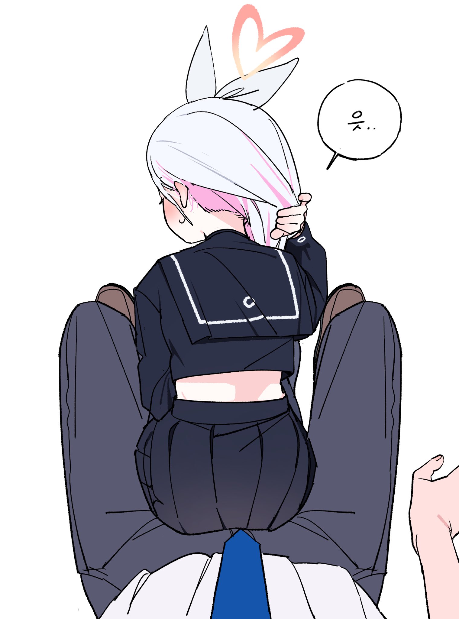 je o mo, plana (blue archive), sensei (blue archive), blue archive, highres, 1boy, 1girl, adjusting hair, ass, black serafuku, black skirt, blush, bow, closed eyes, dress shirt, facing viewer, from behind, hair bow, halo, heart, heart halo, long hair, midriff, midriff peek, multicolored hair, necktie, pants, pink halo, pleated skirt, red halo, school uniform, serafuku, shirt, shoes, sitting, sitting on lap, sitting on person, size difference, skirt, streaked hair, white bow