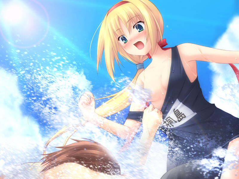 chikotam, kirishima ririka, trouble twins -my sweet brothers-, character request, game cg, non-web source, 1boy, 1girl, black one-piece swimsuit, blonde hair, blush, breasts, carrying, censored, clothes pull, convenient censoring, green eyes, hairband, headband, long hair, name tag, one-piece swimsuit, one-piece swimsuit pull, ponytail, pulling another's clothes, school swimsuit, shoulder carry, small breasts, solo focus, splashing, swimsuit, water, wet