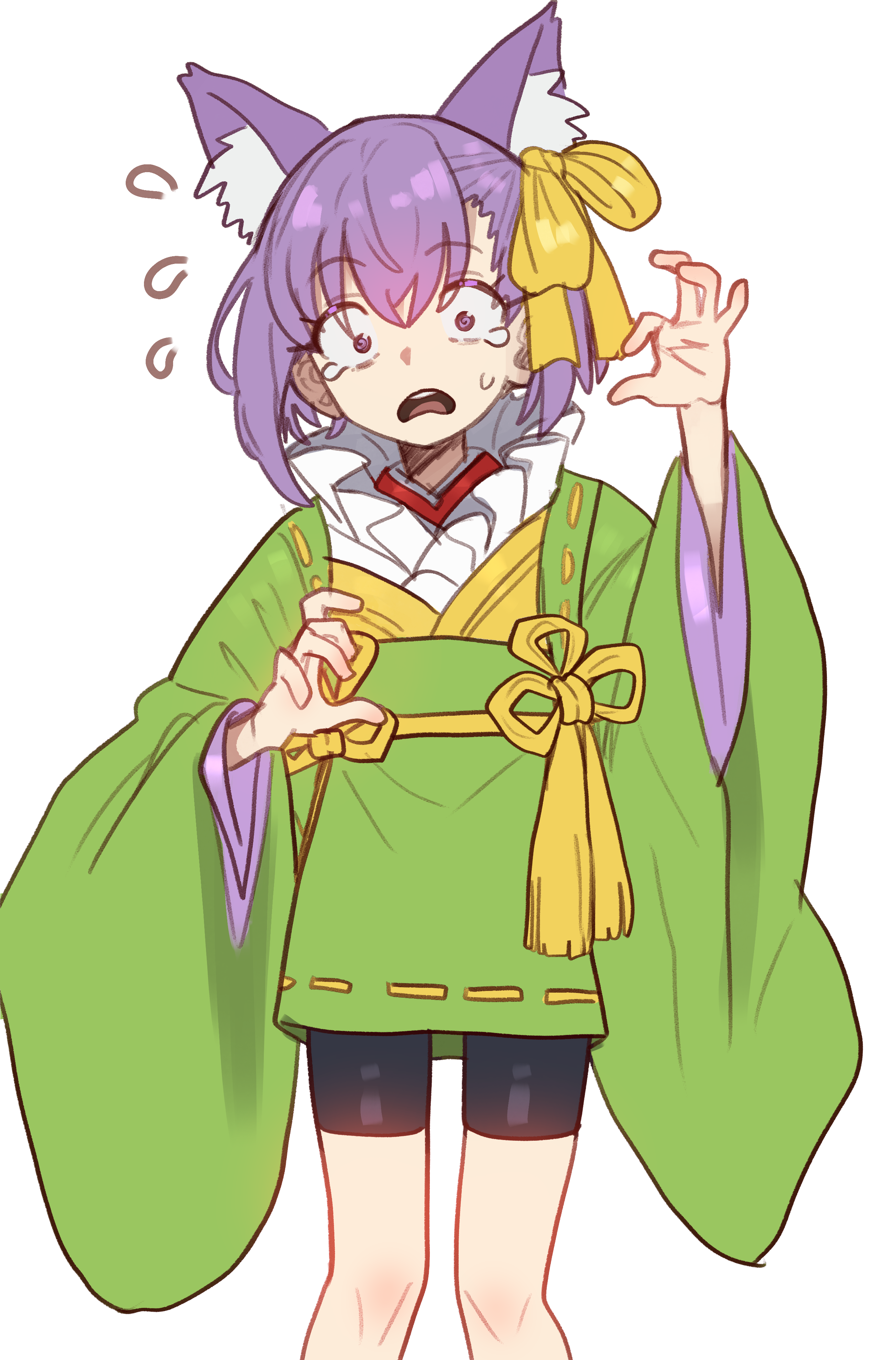 ebora, kazuradrop (fate), kazuradrop (fate/extra), fate/extra, fate/extra ccc, fate/extra ccc fox tail, fate (series), absurdres, highres, 1girl, animal ears, bike shorts, black shorts, breasts, cat ears, gloves, green kimono, hair ribbon, japanese clothes, kimono, long sleeves, looking at viewer, open mouth, purple eyes, purple hair, ribbon, short hair, short kimono, shorts, small breasts, solo, tassel, tearing up, thighs, wide sleeves, yellow ribbon