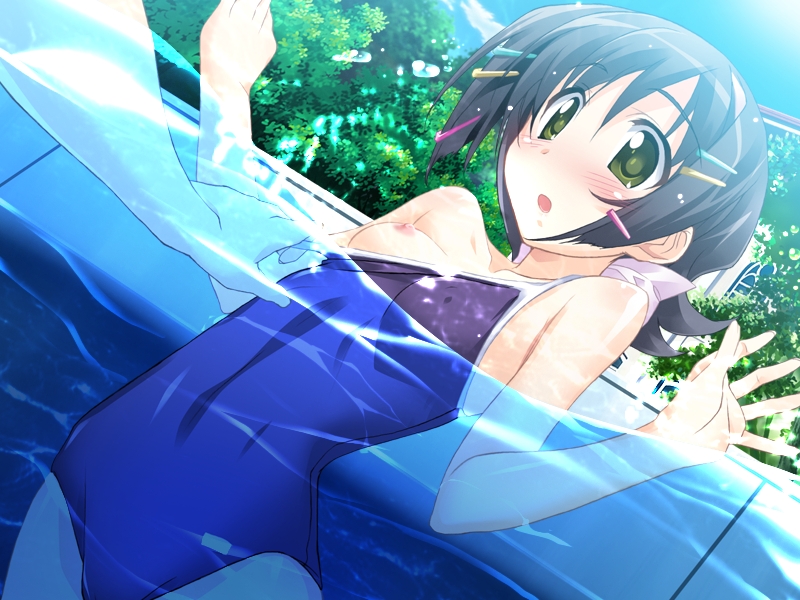 kurashima tomoyasu, takadera mari, hitoyume, game cg, non-web source, 1girl, black hair, breasts, clothes pull, female focus, green eyes, nipple slip, nipples, one-piece swimsuit, one-piece swimsuit pull, pulling another's clothes, school swimsuit, short hair, small breasts, solo, solo focus, submerged, swimsuit