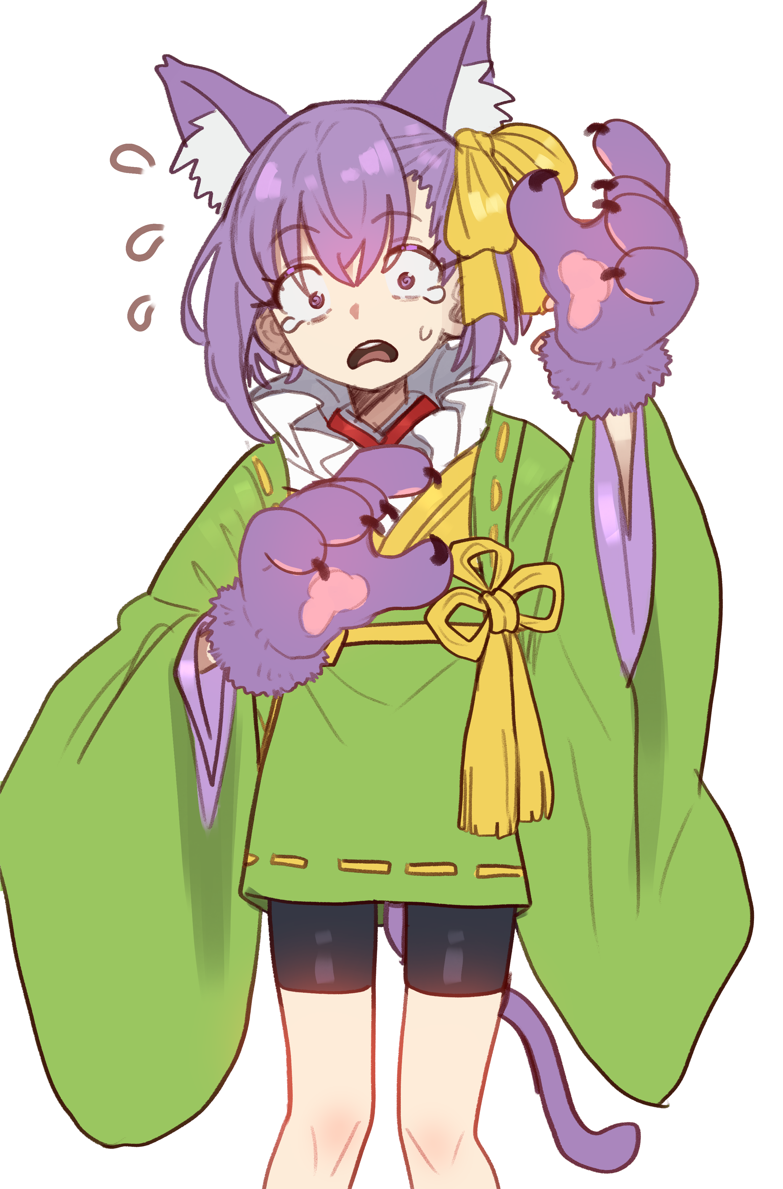 ebora, kazuradrop (fate), kazuradrop (fate/extra), fate/extra, fate/extra ccc, fate/extra ccc fox tail, fate (series), absurdres, highres, 1girl, animal ears, animal hands, bike shorts, black shorts, breasts, cat ears, cat tail, gloves, green kimono, hair ribbon, japanese clothes, kimono, long sleeves, looking at viewer, open mouth, paw gloves, purple eyes, purple hair, ribbon, short hair, short kimono, shorts, small breasts, solo, tail, tassel, tearing up, thighs, wide sleeves, yellow ribbon