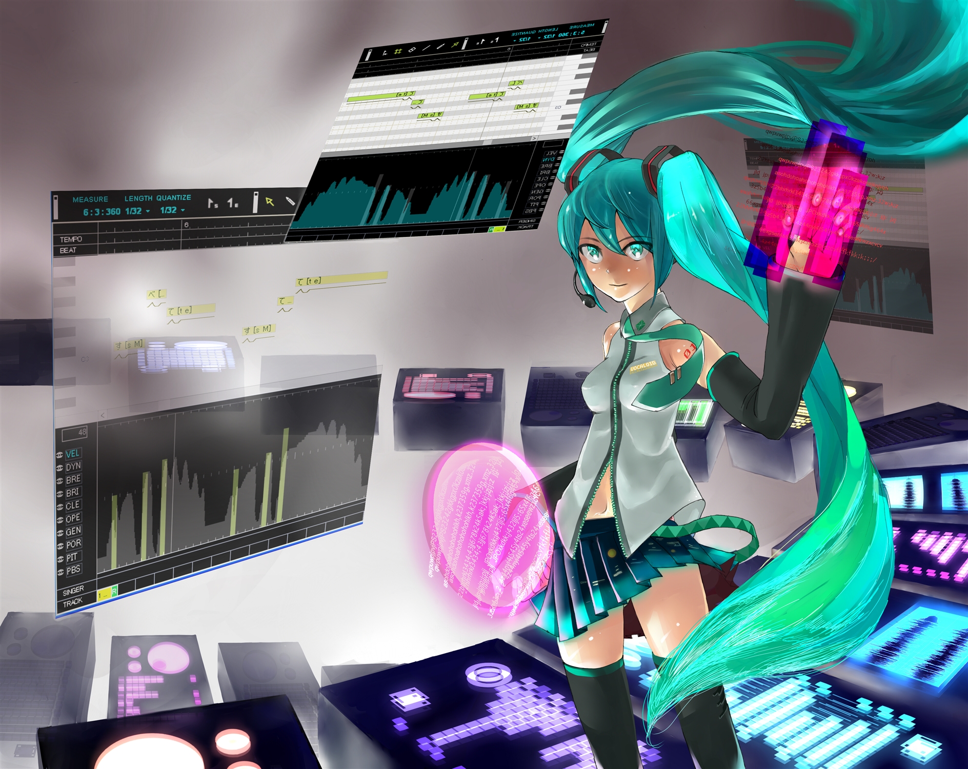 saidanki, hatsune miku, vocaloid, bad id, bad pixiv id, highres, aqua eyes, aqua hair, detached sleeves, headset, long hair, navel, necktie, skirt, solo, thighhighs, twintails, very long hair