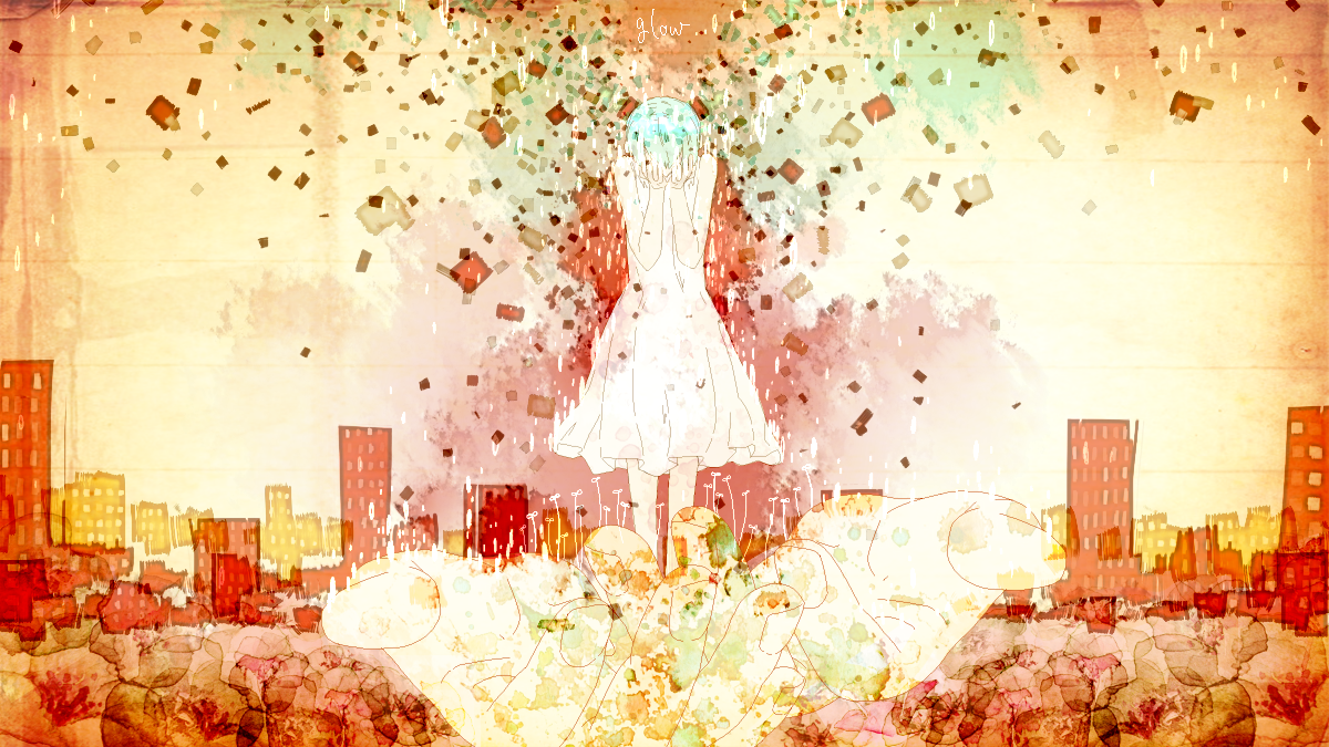 hatsune miku, glow (vocaloid), vocaloid, commentary, english commentary, 1girl, 1other, blue hair, covering face, despair, dress, facing down, fingernails, giant hand, hair ornament, jaggy lines, medium dress, mini person, orange theme, pao (papapapapaon), short hair, skyline, sleeveless, sleeveless dress, song name, sprout, standing, white dress
