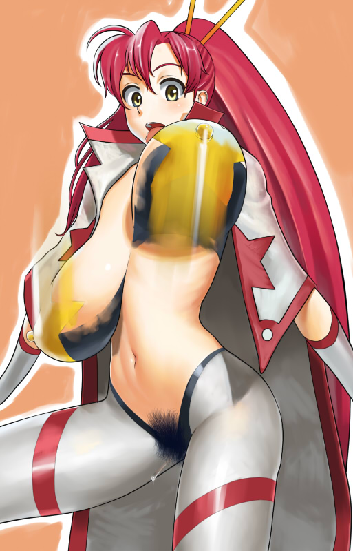 nagara-ya, space yoko, yoko littner, tengen toppa gurren lagann, 00s, 1girl, ahoge, blush, bodypaint, bouncing breasts, breasts, cape, covered erect nipples, cowboy shot, false clothes, female focus, female pubic hair, gainaxing, hair ornament, hairpin, high collar, high ponytail, huge breasts, long hair, looking at viewer, motion blur, naked cape, navel, open clothes, open mouth, open shirt, orange background, outline, painted clothes, ponytail, pubic hair, pussy juice, red hair, ribs, sagging breasts, shirt, simple background, solo, standing, star (symbol), tongue, tongue out, twisted breasts, unaligned breasts, very long hair, yellow eyes