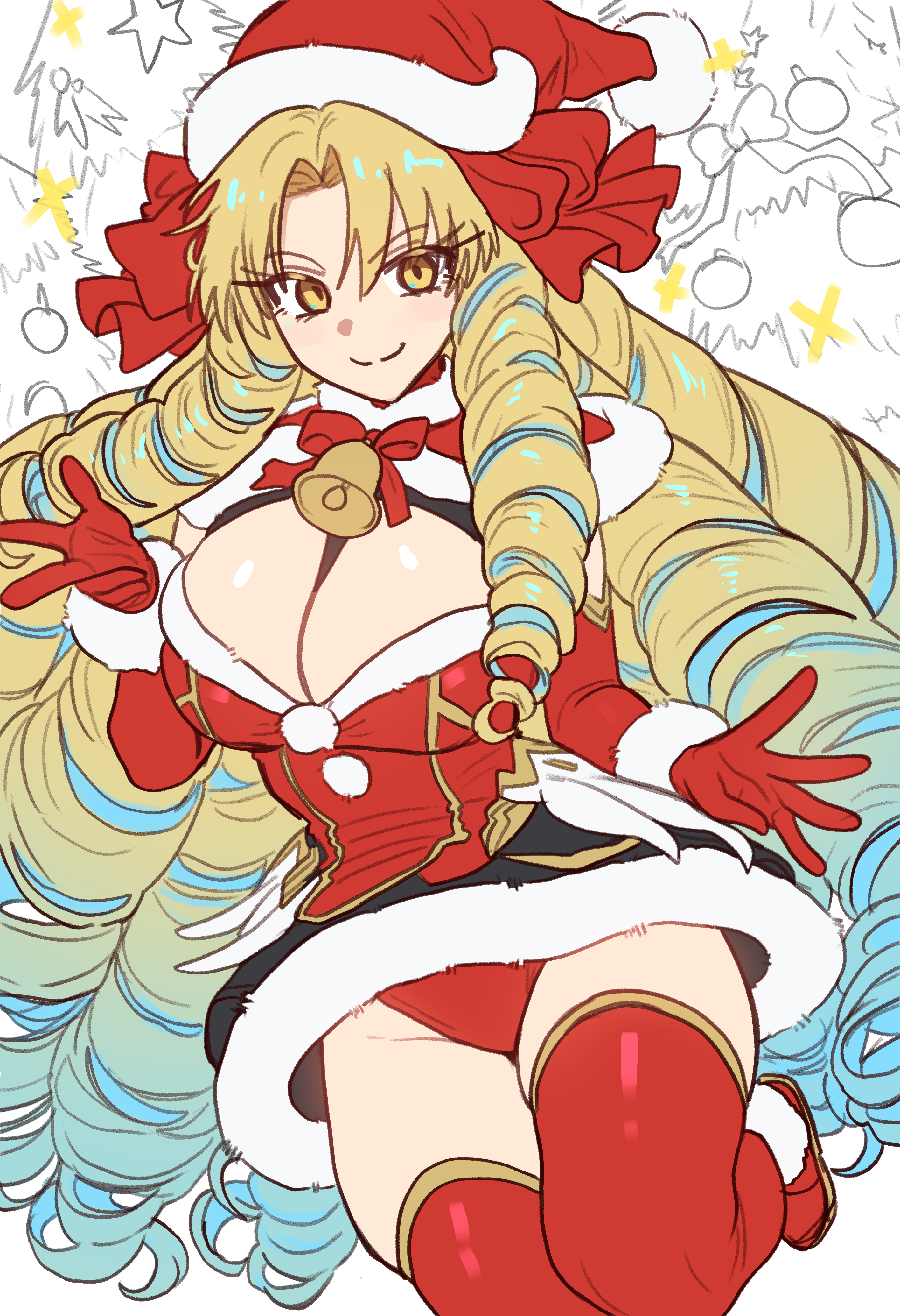 ebora, astraea (fate), fate/grand order, fate (series), absurdres, highres, variant set, 1girl, blonde hair, blue hair, breasts, cleavage, dress, drill hair, elbow gloves, fur trim, gloves, gradient hair, hair ribbon, hat, large breasts, long hair, looking at viewer, multicolored hair, parted bangs, red dress, red gloves, red hat, red ribbon, red thighhighs, ribbon, santa hat, smile, solo, thighhighs, thighs, very long hair, yellow eyes