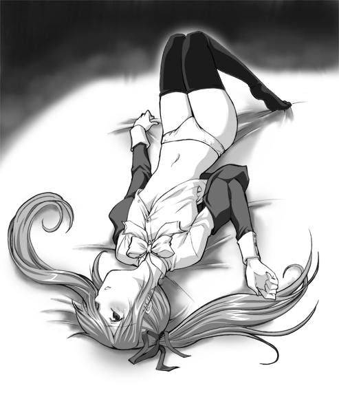 marumi, amatsuka tsurara, baby princess, 10s, 1girl, bed sheet, blush, bow, female focus, flat chest, greyscale, hair ribbon, long hair, lying, midriff, monochrome, on back, panties, ribbon, sheet grab, solo, thighhighs, twintails, underwear