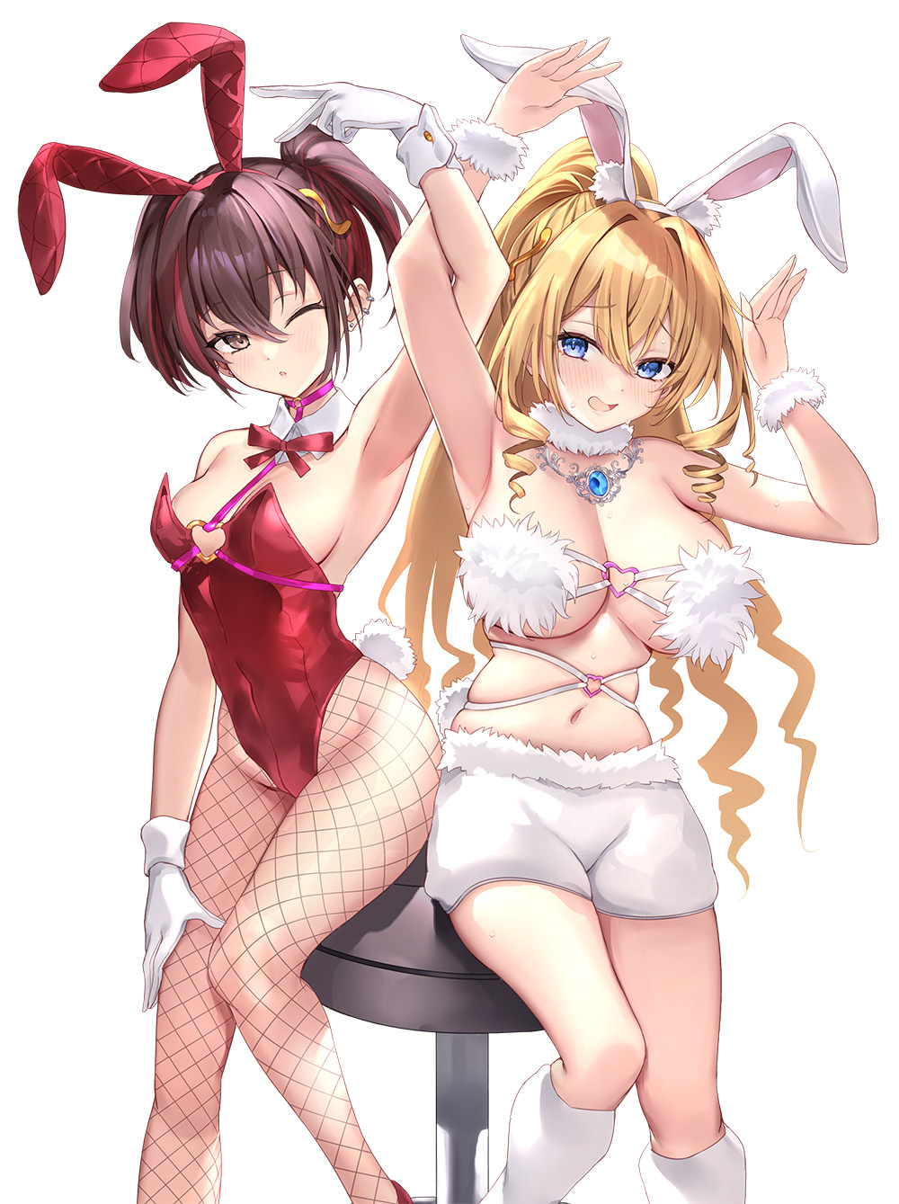 haishiki, commentary request, highres, 2girls, ahoge, animal ear hairband, animal ears, bare shoulders, blonde hair, blue eyes, blush, boots, bow, bowtie, breasts, bunny day, cleavage, covered navel, danshi kinsei game sekai de ore ga yarubeki yuiitsu no koto yuri no ma ni hasamaru otoko to shite tensei shite shimaimashita, detached collar, embarrassed, fake animal ears, fake tail, fishnet pantyhose, fishnets, fur bikini, fur trim, fur wrist cuffs, gem, gloves, hair ornament, hairband, high heels, highleg, highleg leotard, jewelry, large breasts, leotard, long hair, looking at viewer, medium breasts, multiple girls, navel, necklace, o-ring, o-ring top, one eye closed, open mouth, ophelia von margeline, pantyhose, playboy bunny, ponytail, rabbit ear hairband, rabbit ears, rabbit tail, red bow, red bowtie, red leotard, red shoes, ringlets, shoes, short hair, shorts, simple background, smile, strapless, strapless leotard, tail, tsukiori sakura, two side up, very long hair, white background, white boots, white gloves, white shorts, white wrist cuffs, wrist cuffs