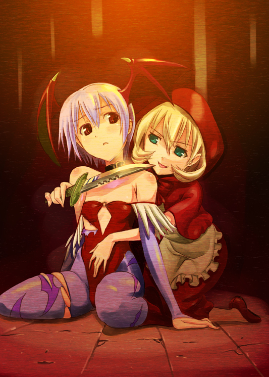 futari no ana, wadapen, b.b. hood, lilith (darkstalkers), capcom, darkstalkers, print legwear, torn legwear, 2girls, animal print, arm support, bare shoulders, bat print, blonde hair, blush, boots, capelet, collar, demon girl, dress, female focus, flat chest, from behind, green eyes, head wings, hood, hug, hug from behind, kneeling, knife, leotard, looking at another, menacing, multiple girls, naughty face, nervous, open mouth, pantyhose, purple hair, red dress, red eyes, red leotard, shoes, short hair, shy, sitting, smile, torn clothes, wings, you gonna get raped, yuri