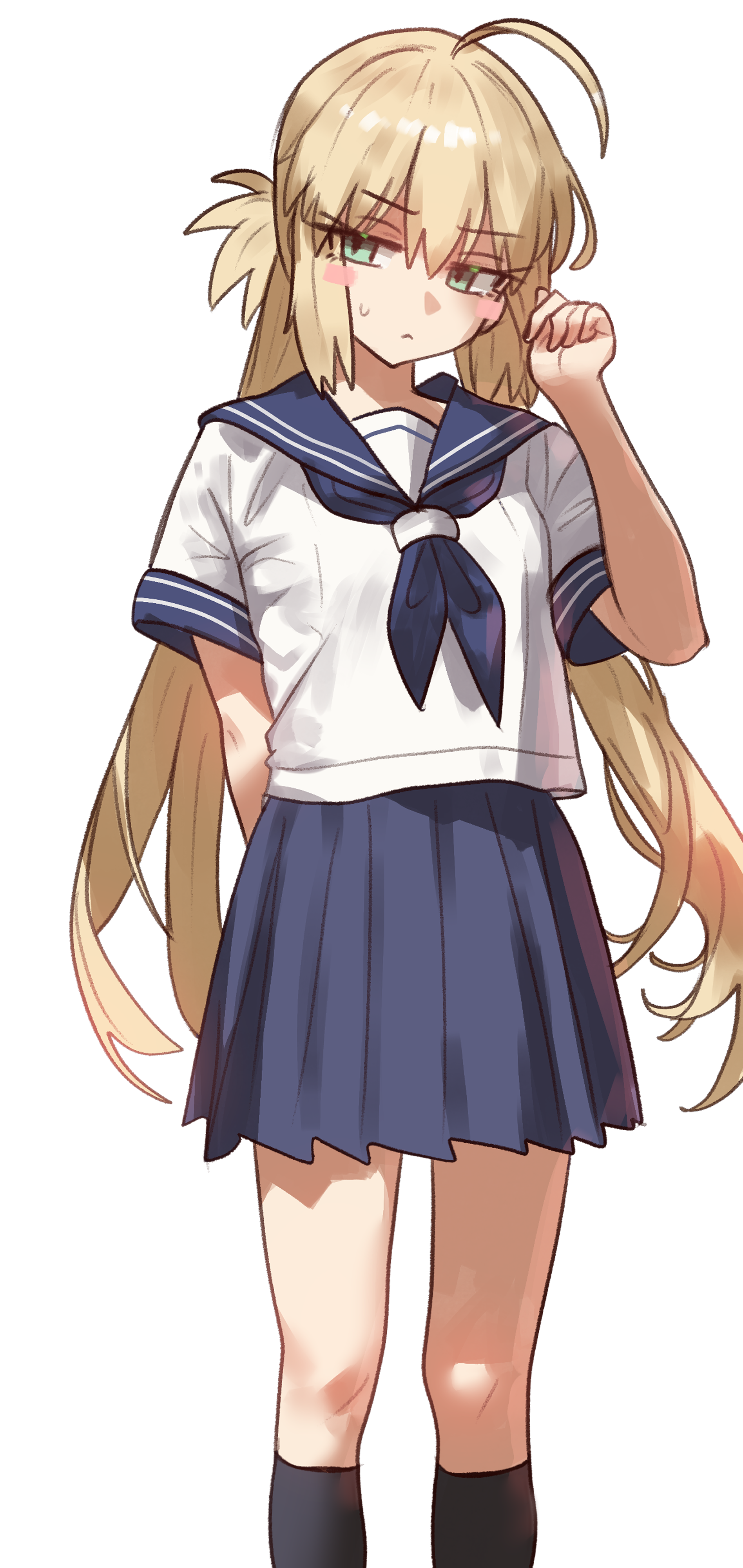 ebora, artoria caster (fate), artoria pendragon (fate), fate/grand order, fate (series), absurdres, highres, 1girl, ahoge, blonde hair, blue sailor collar, blue skirt, blush, blush stickers, breasts, green eyes, kneehighs, long hair, looking at viewer, neckerchief, sailor collar, shirt, short sleeves, skirt, small breasts, socks, thighs, twintails, white shirt