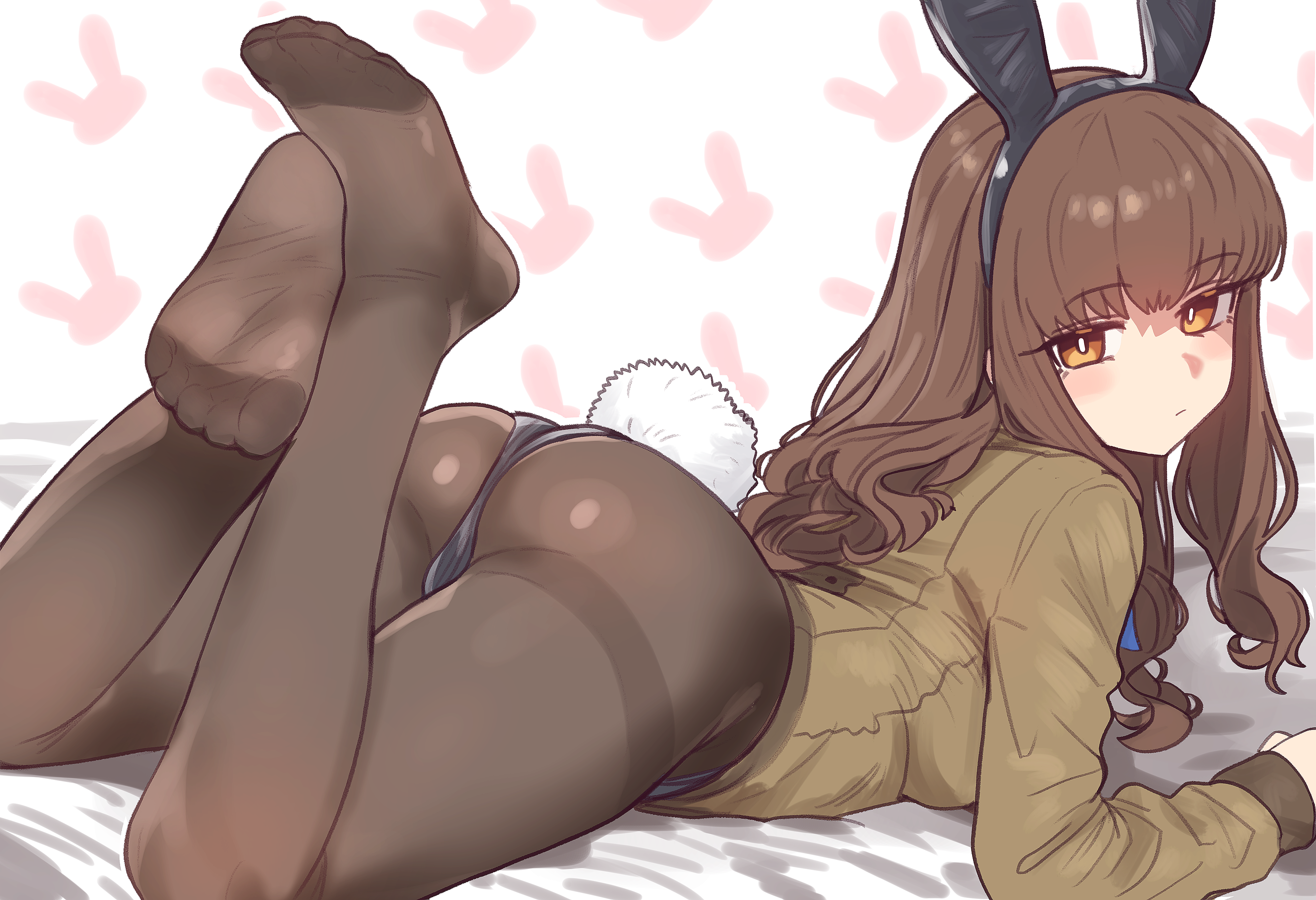 ebora, kishinami hakuno (female), fate/extra, fate (series), absurdres, highres, 1girl, animal ears, ass, bed sheet, black leotard, black pantyhose, blazer, blush stickers, breasts, bright pupils, brown eyes, brown hair, brown jacket, closed mouth, eyelashes, fake animal ears, fake tail, feet, feet up, jacket, leotard, leotard under clothes, long eyelashes, long hair, long sleeves, looking at viewer, lying, no shoes, on stomach, pantyhose, patterned background, playboy bunny, rabbit background, rabbit ears, rabbit tail, school uniform, simple background, solo, tail, the pose, thighband pantyhose, tsukumihara academy uniform (fate/extra), white pupils