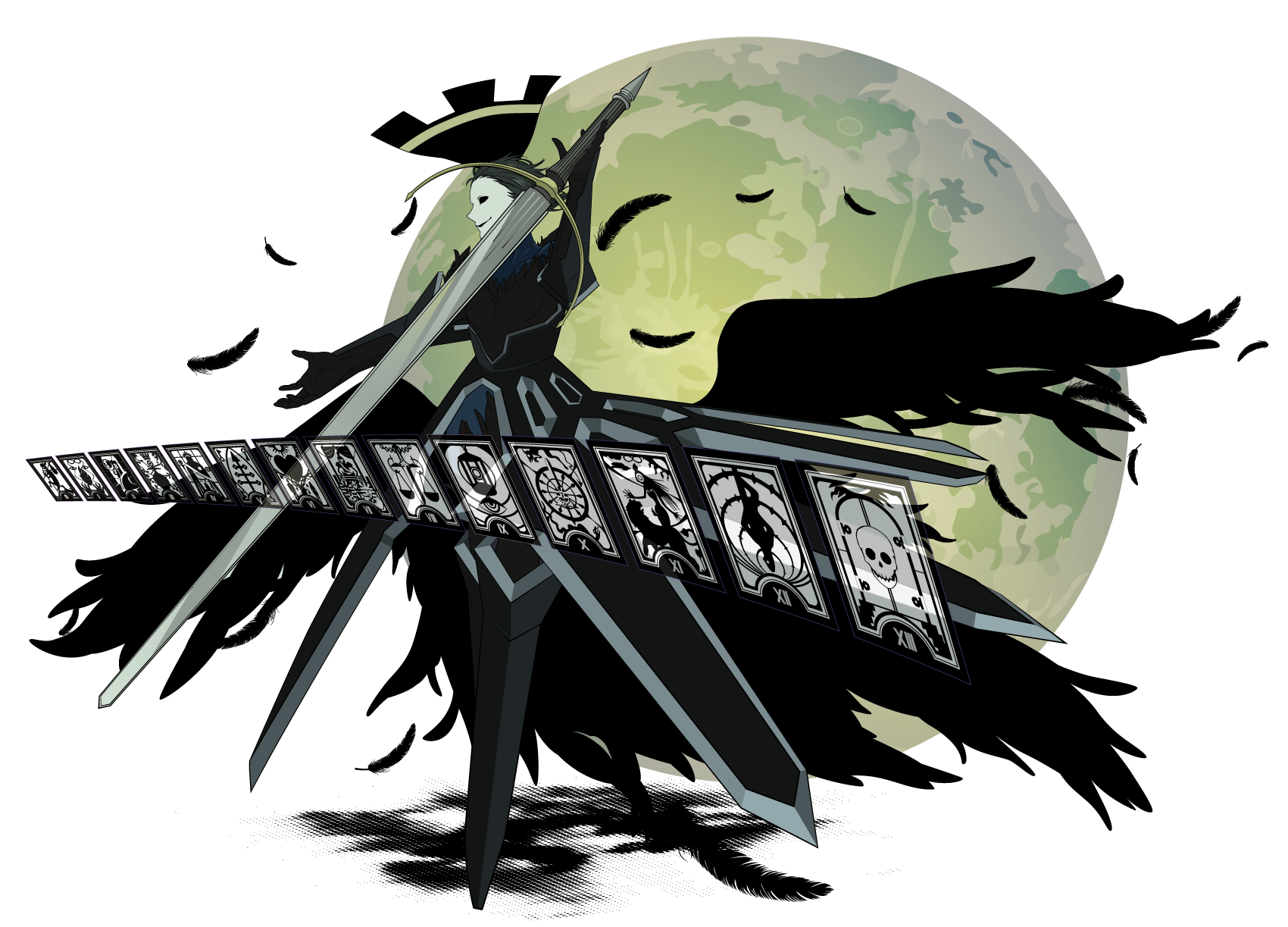nyx avatar, persona, persona 3, commentary, commentary request, english commentary, highres, making-of available, mixed-language commentary, spoilers, 1boy, black feathers, black hair, black sclera, black wings, blank eyes, card, colored sclera, death (tarot), feathered wings, feathers, full body, full moon, holding, holding sword, holding weapon, justice (tarot), male focus, moon, nakahara 0115, simple background, solo, strength (tarot), sword, tarot, tarot card, the chariot (tarot), the emperor (tarot), the empress (tarot), the fool (tarot), the hanged man (tarot), the hermit (tarot), the hierophant (tarot), the high priestess (tarot), the lovers (tarot), the magician (tarot), weapon, wheel of fortune (tarot), white background, wings